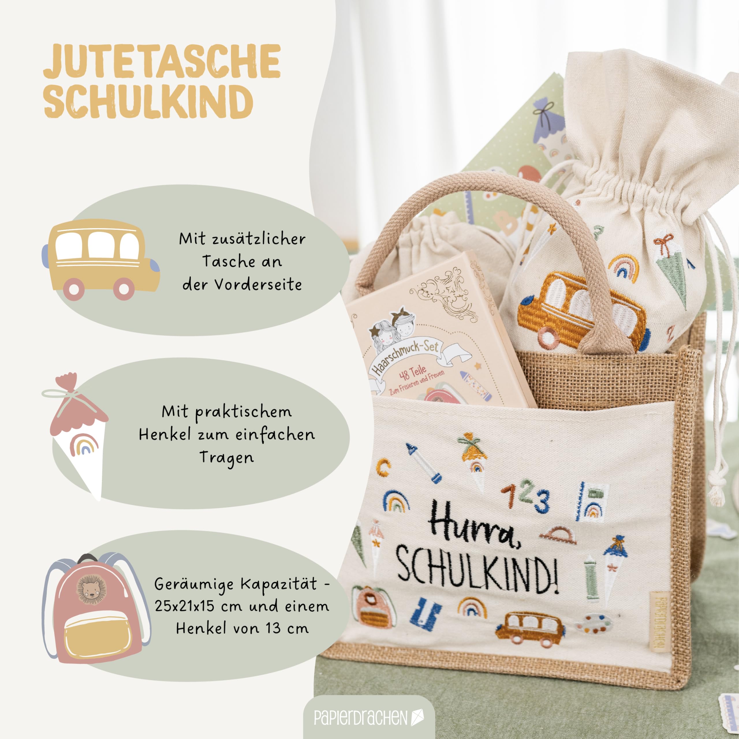 Papierdrachen Jute Bag "Hurra, Schulkind!" - First Day of School Gift - 25 x 15 cm + 13 cm Handle - Embroidered with Side Pocket - Set 1 - Image 4
