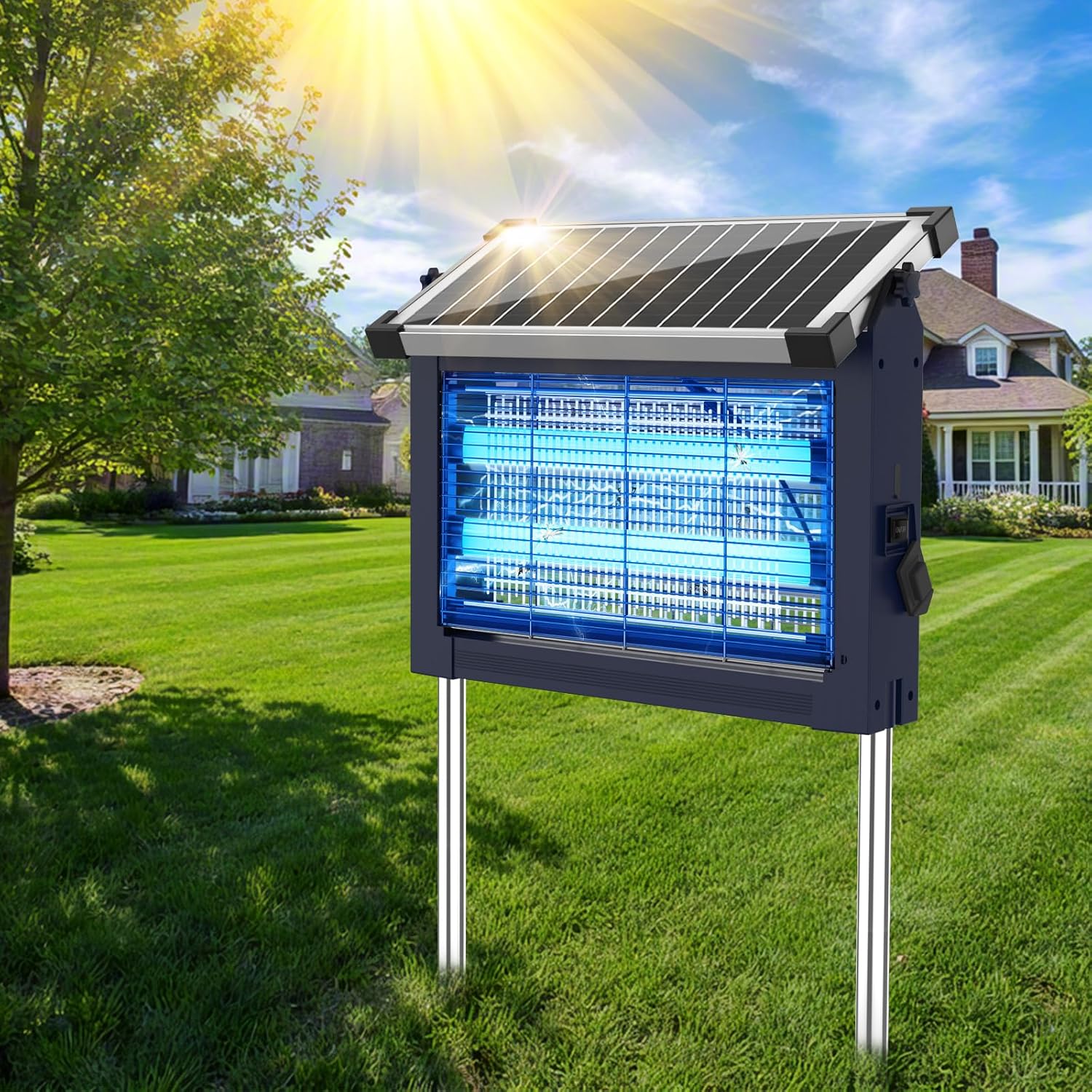 Solar Bug Zapper Outdoor, Mosquito Zapper Waterproof Electric Fly Zapper Rechargeable Mosquito Killer Lamp with 10W Solar Panel, 4500V Cordless Fly Trap for Backyard, Patio, Garden, RV, Camping