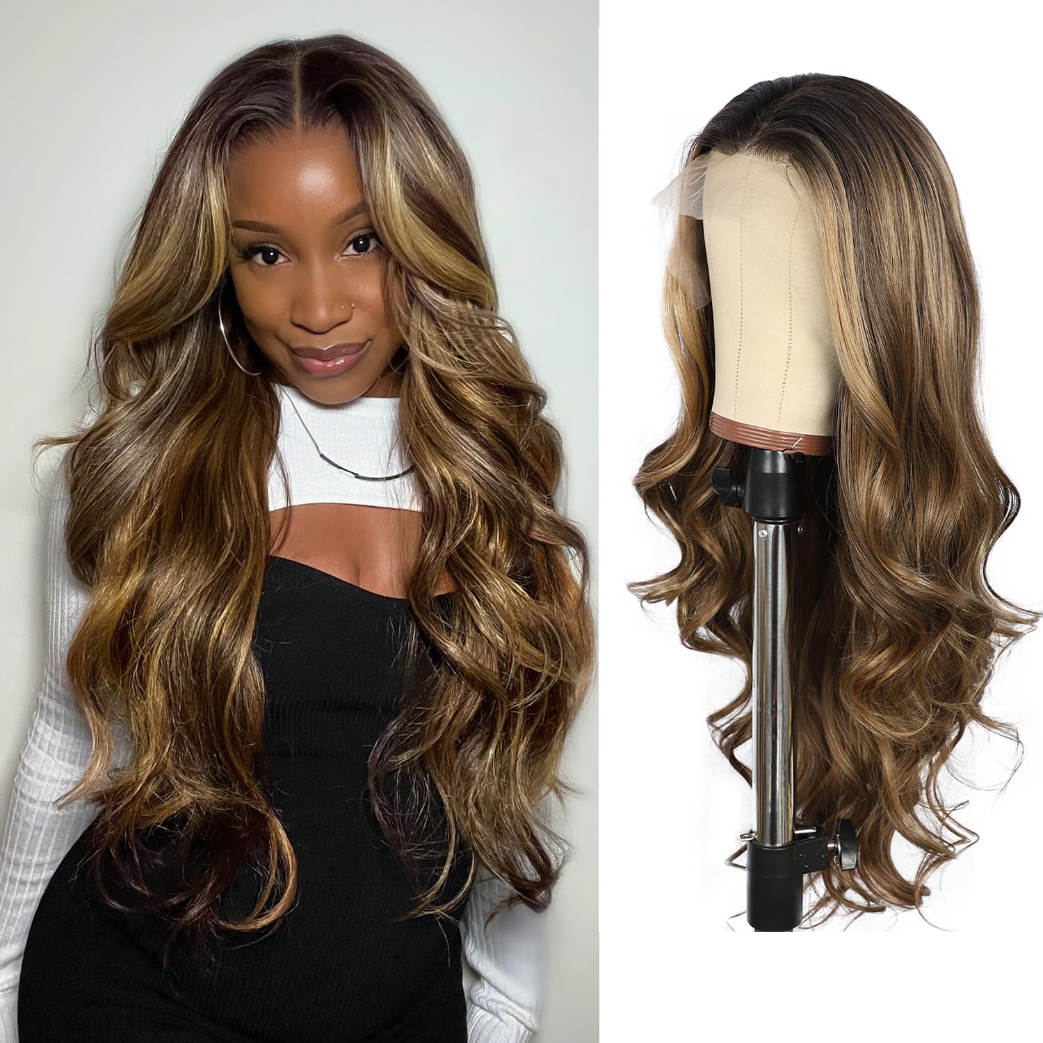 SOMIARIK 13x4 Light Brown Long Wavy Lace Front Wigs Highlight Brown with Dark Roots Balayage Wig Party Date Daily Wear Natural Looking 26 Inch