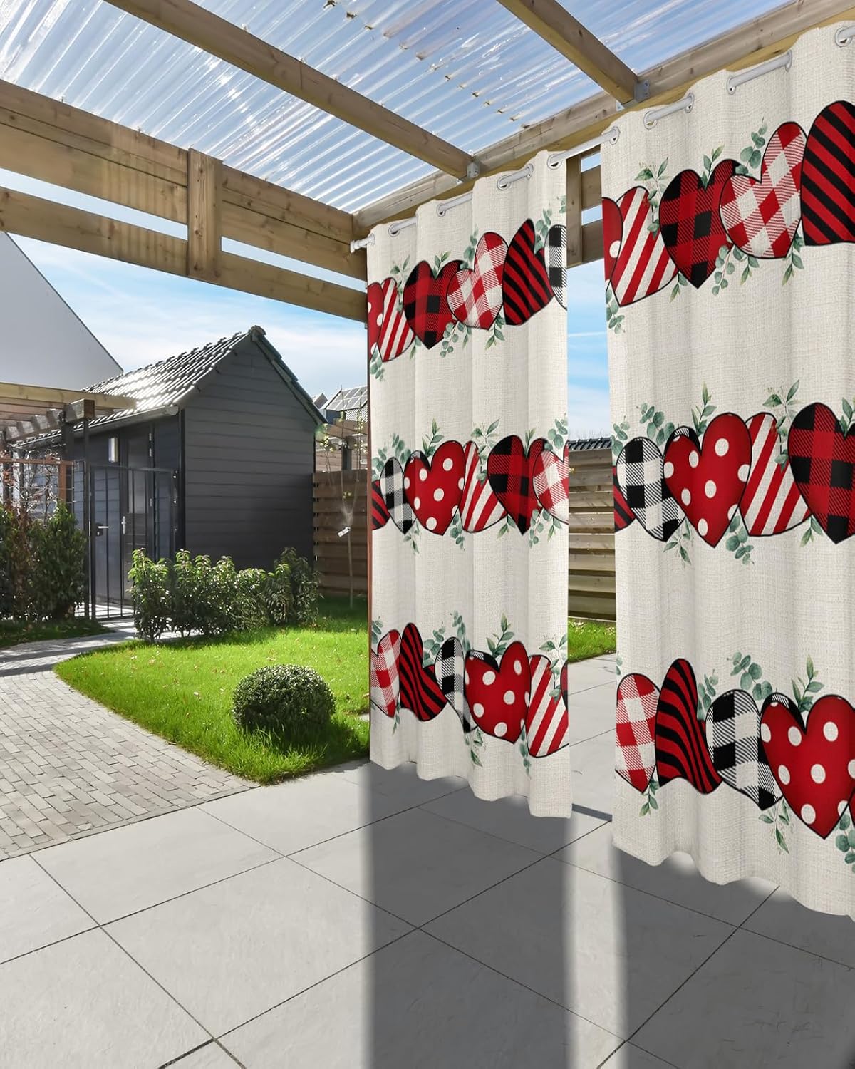 Indoor Outdoor Curtains for Patio Valentine's Day Red Love Heart with Eucalyptus Leaves Outside Curtains Waterproof Grommet Privacy Light Filter Drapes for Porch Pergola Gazebo 52"Wx84"L 2 Panels