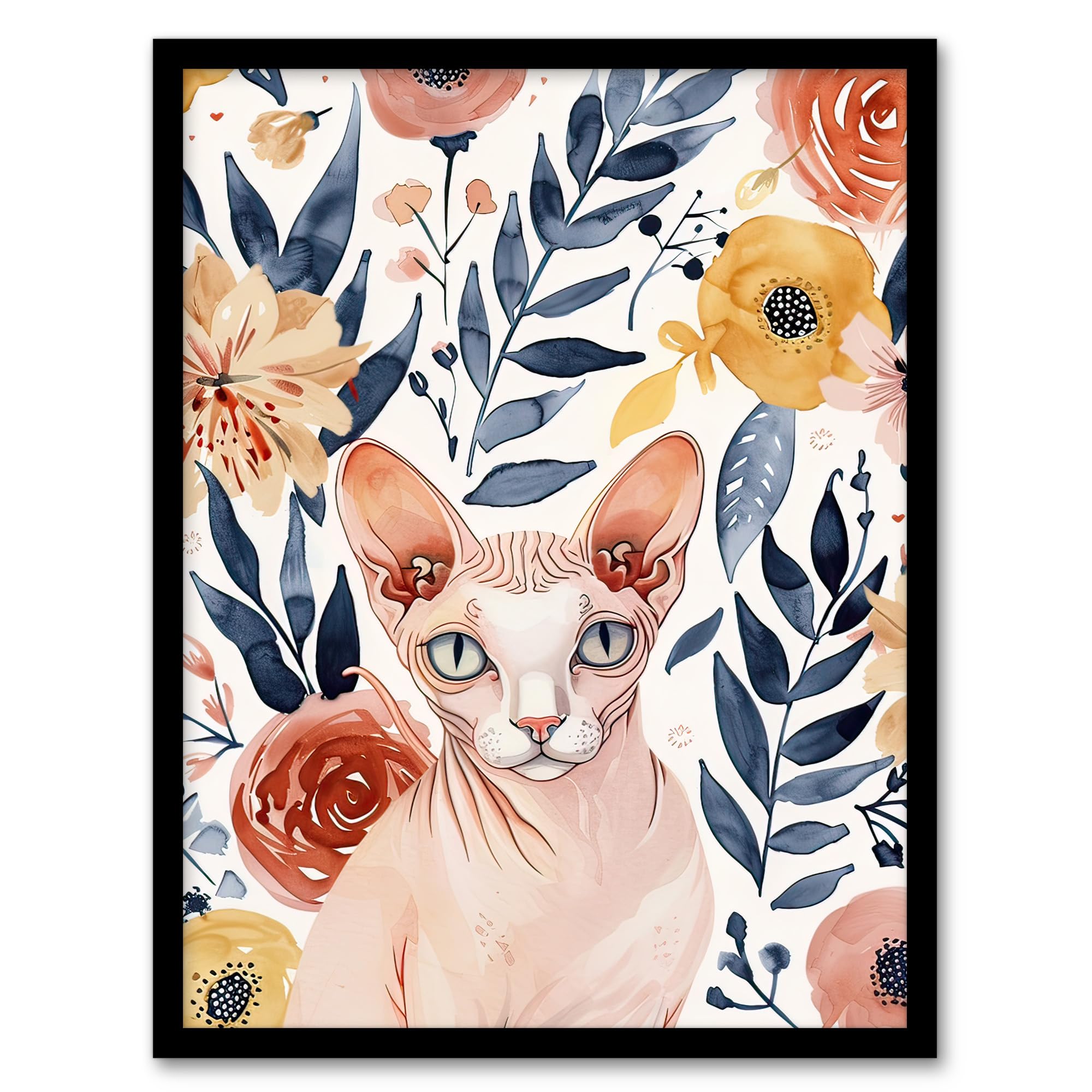 Artery8 Sphynx Cat Lover Floral Watercolour Portrait Living Room Artwork Framed Wall Art Print 18X24 Inch