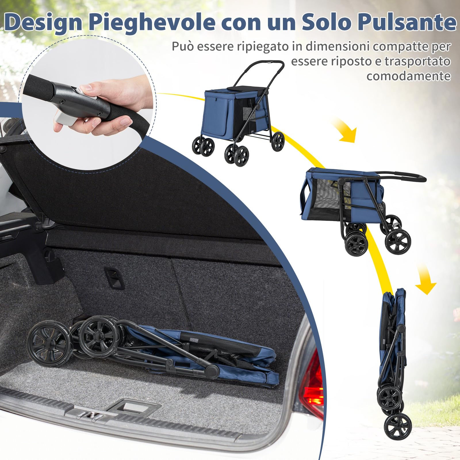 COSTWAY Passeggino per Cani Pieghevole, Carrello a 4 Ruote per Animali Domestici Piccoli e Medi, Trasportino Portatile con Ruote, Lucernario e Tasche, Chiusura Rapida (Blu)