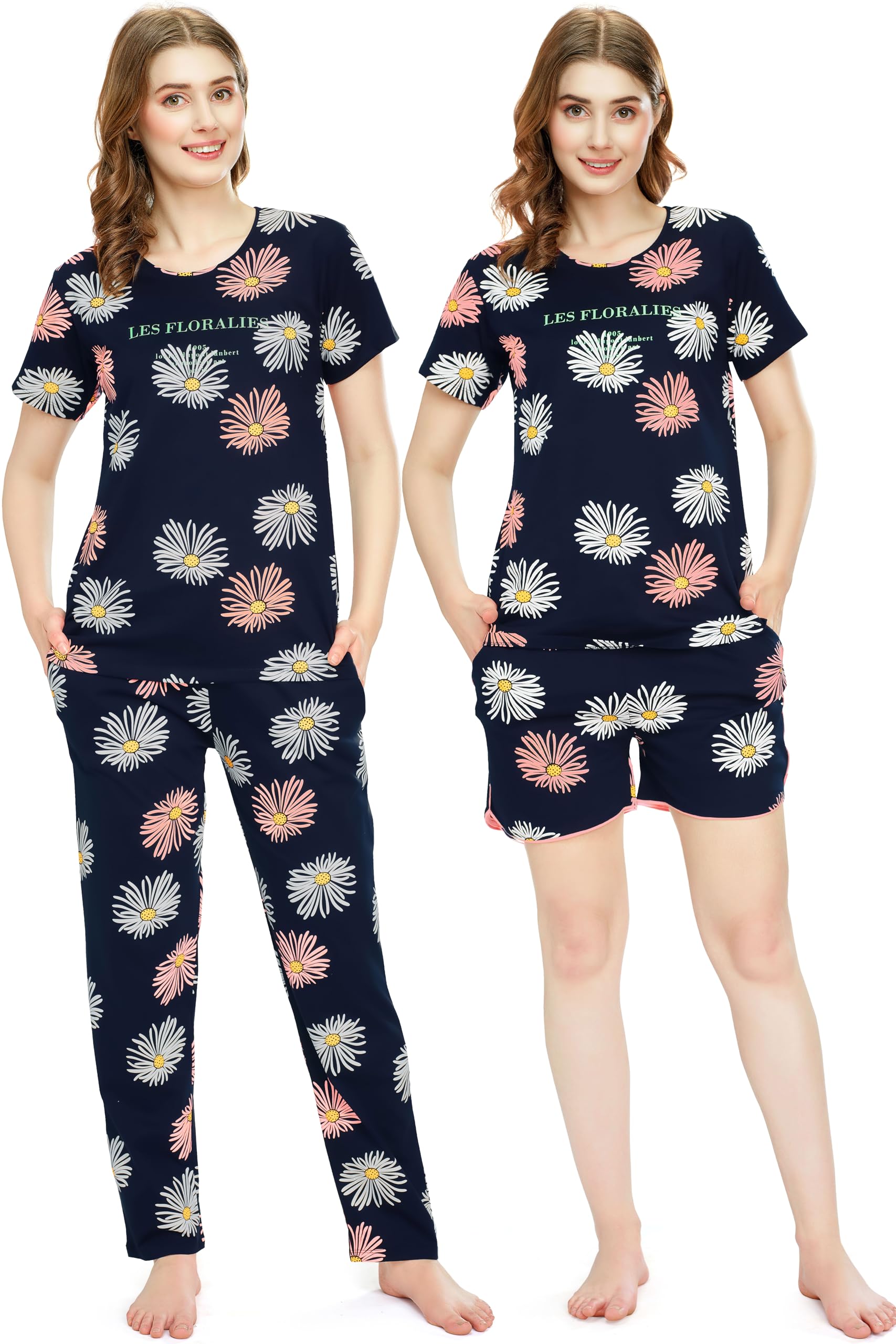 zeyo Night Suit for Women's Floral Printed Cotton Night Dress of Top,Pajama & Short's 3Pc'S Set 5734-picture-45