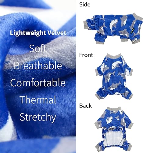 Miniatura 4 de Pijama de tiburón para perros, ropa para perros pequeños, hembra, niño, mameluco para mascotas con pies, traje para perrito, terciopelo ligero, azul