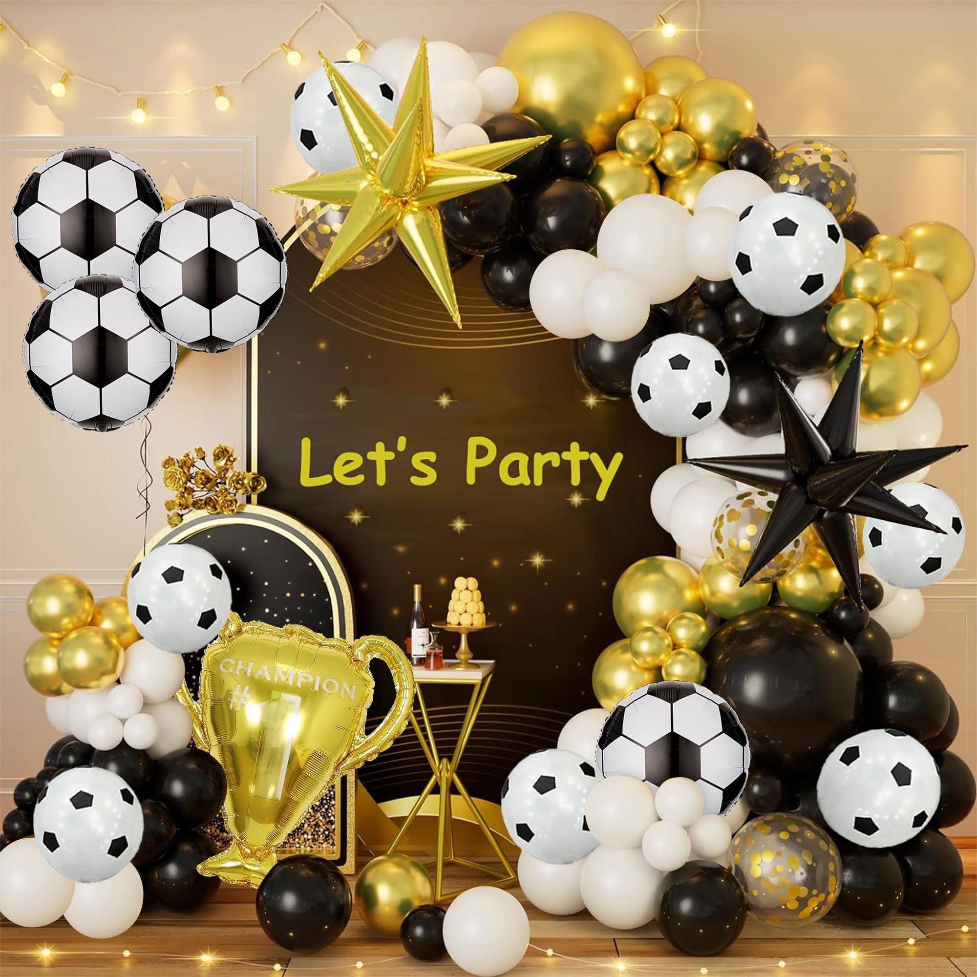 DRWATE137 PCS Soccer Party Balloon Arch Kit Include Soccer Championship Trophy Foil White Black Latex Balloons for Birthday Soccer Sports Themed Party Supplies (1)