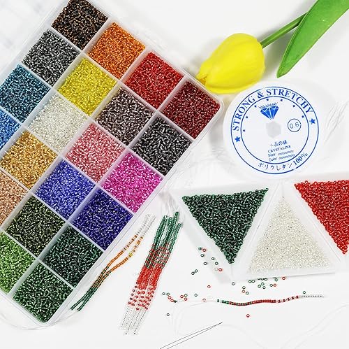 Miniatura 3 de VOOMOLOVE Aproximadamente 21000 cuentas de semillas de vidrio 120 de 0.079in, 24 colores, kit de cuentas sueltas de pulsera con caja de
