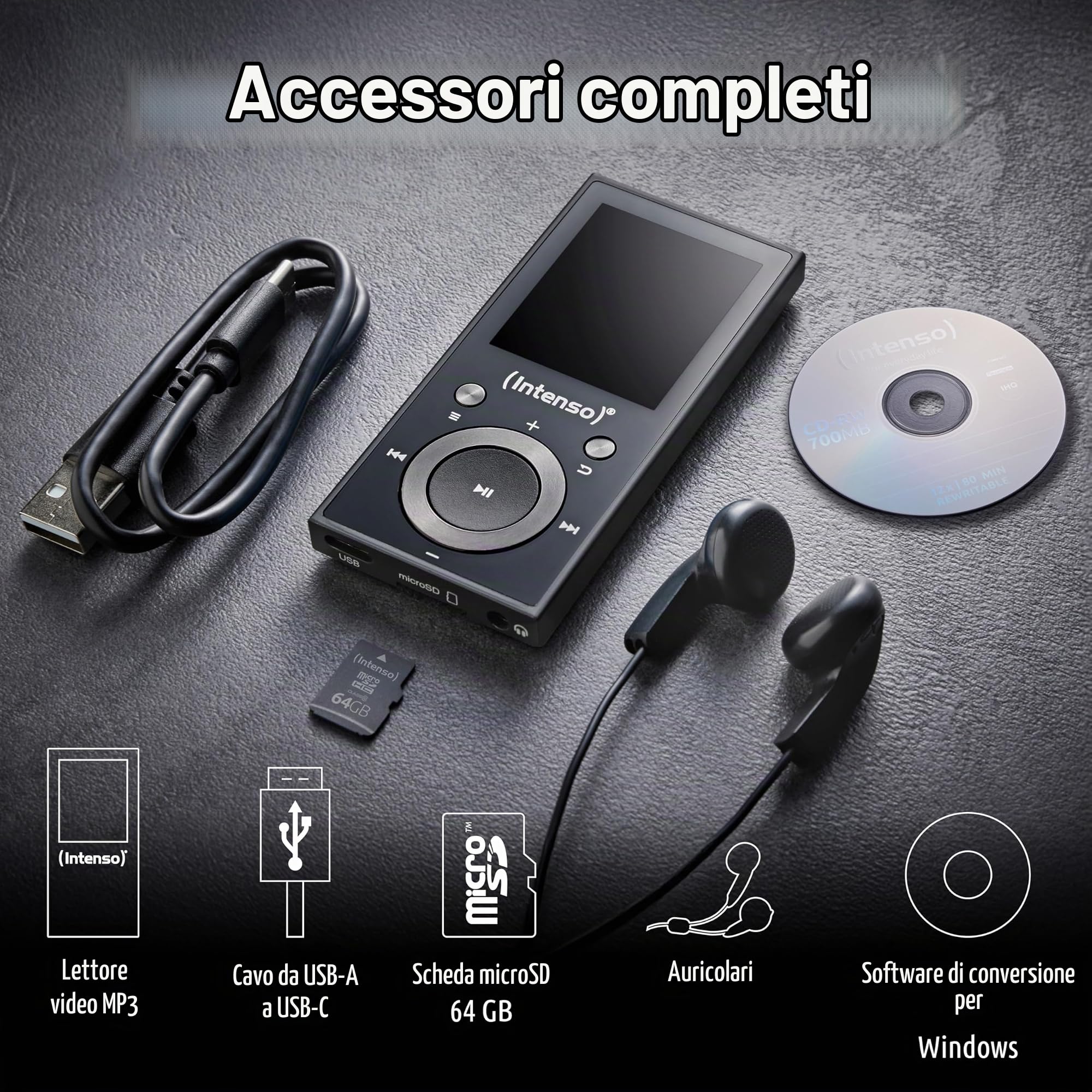 Intenso Lettore video BT MP3 con Bluetooth 5.0, display a colori da 1,8 pollici, microSD, USB C, batteria fino a 18 ore, con cuffie, nero