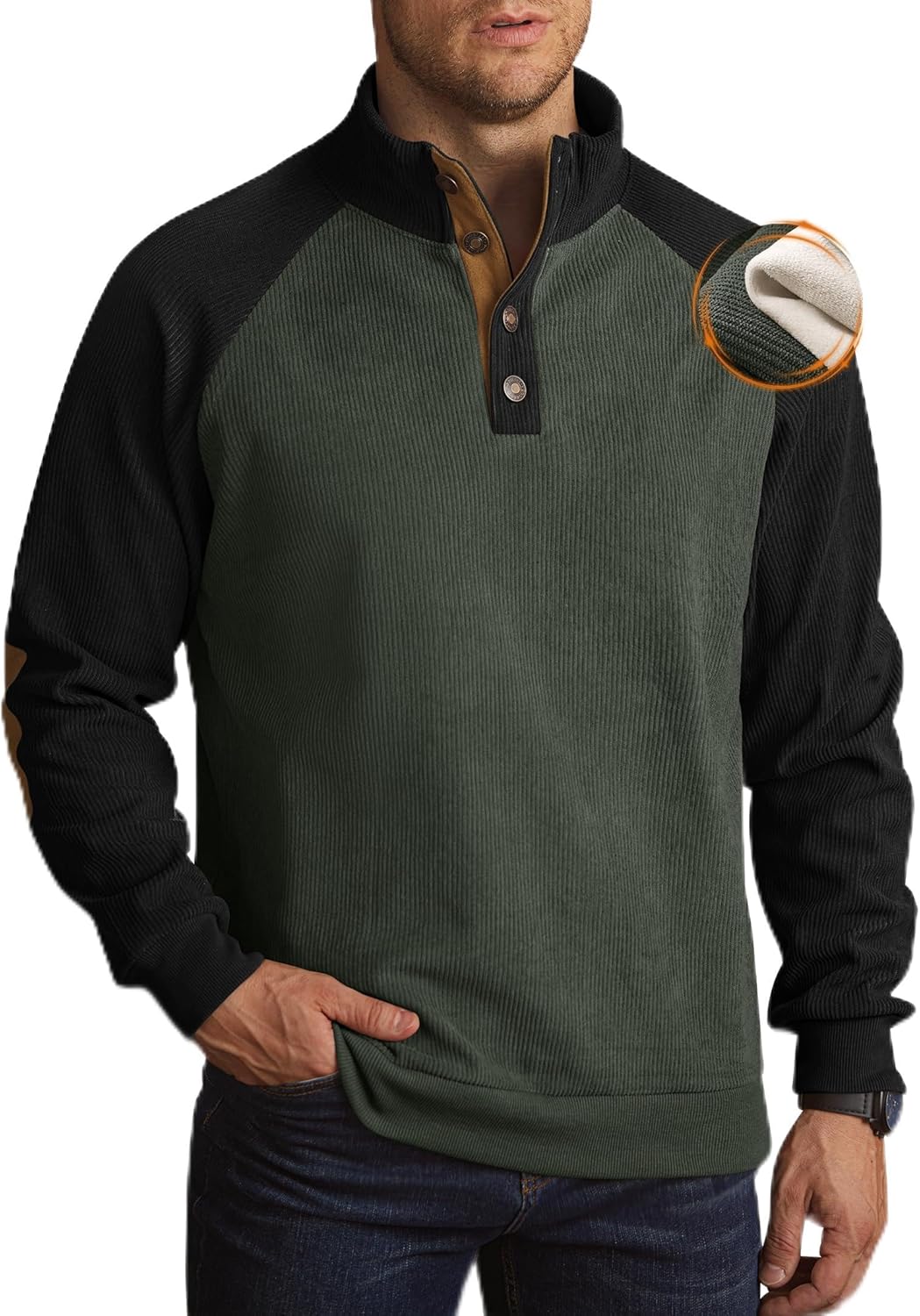 Mens Corduroy Fleece-Lined Sweatshirts Winter Heavyweight Casual Fashion Button Pullover (S-3XL)