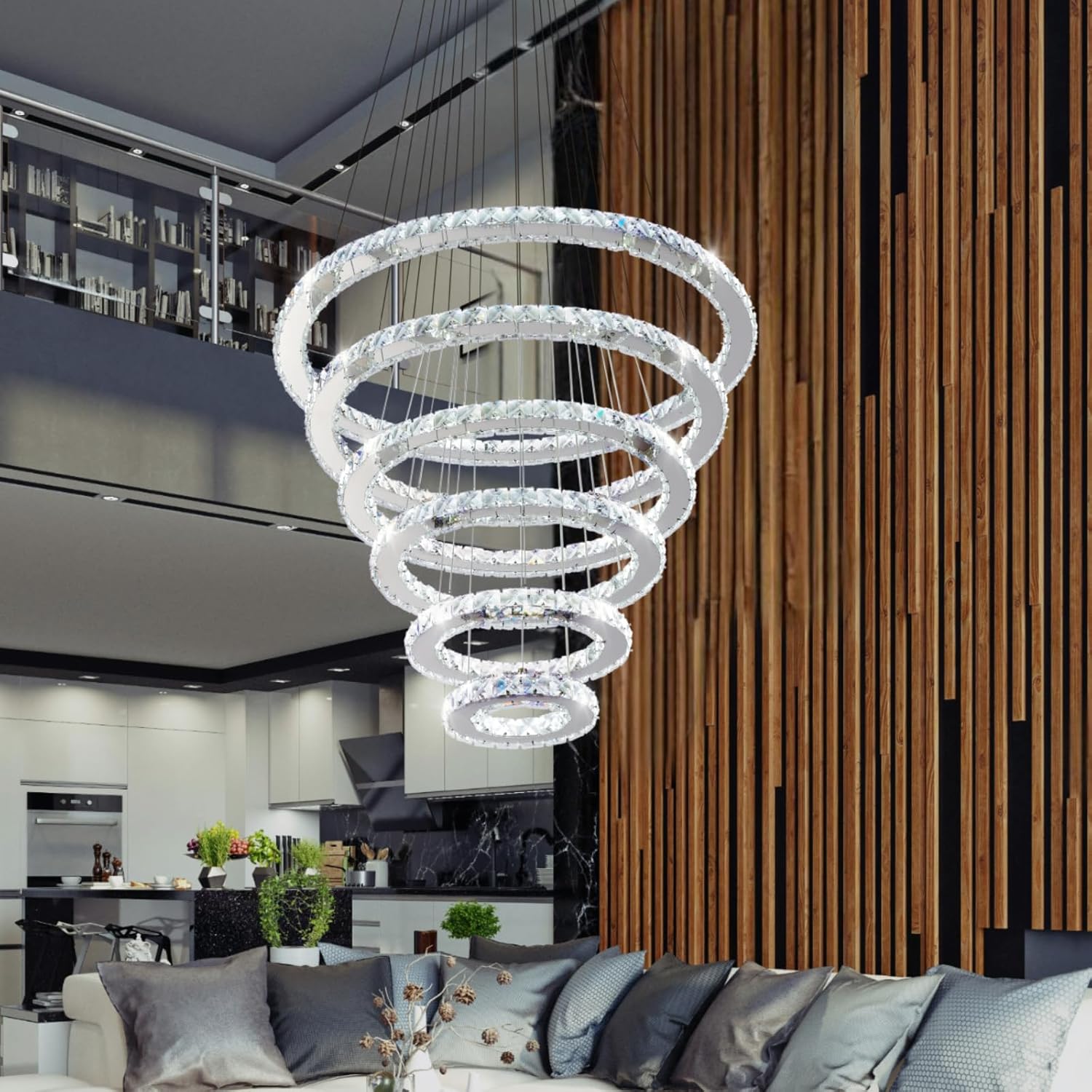 Dimmable Crystal LED Chandelier(3000-6500K) for High Ceiling – Remote Control, Adjustable Height, Modern Stainless Steel Fixture for Foyer, Staircase, Living Room(Chrome 6-Ring)