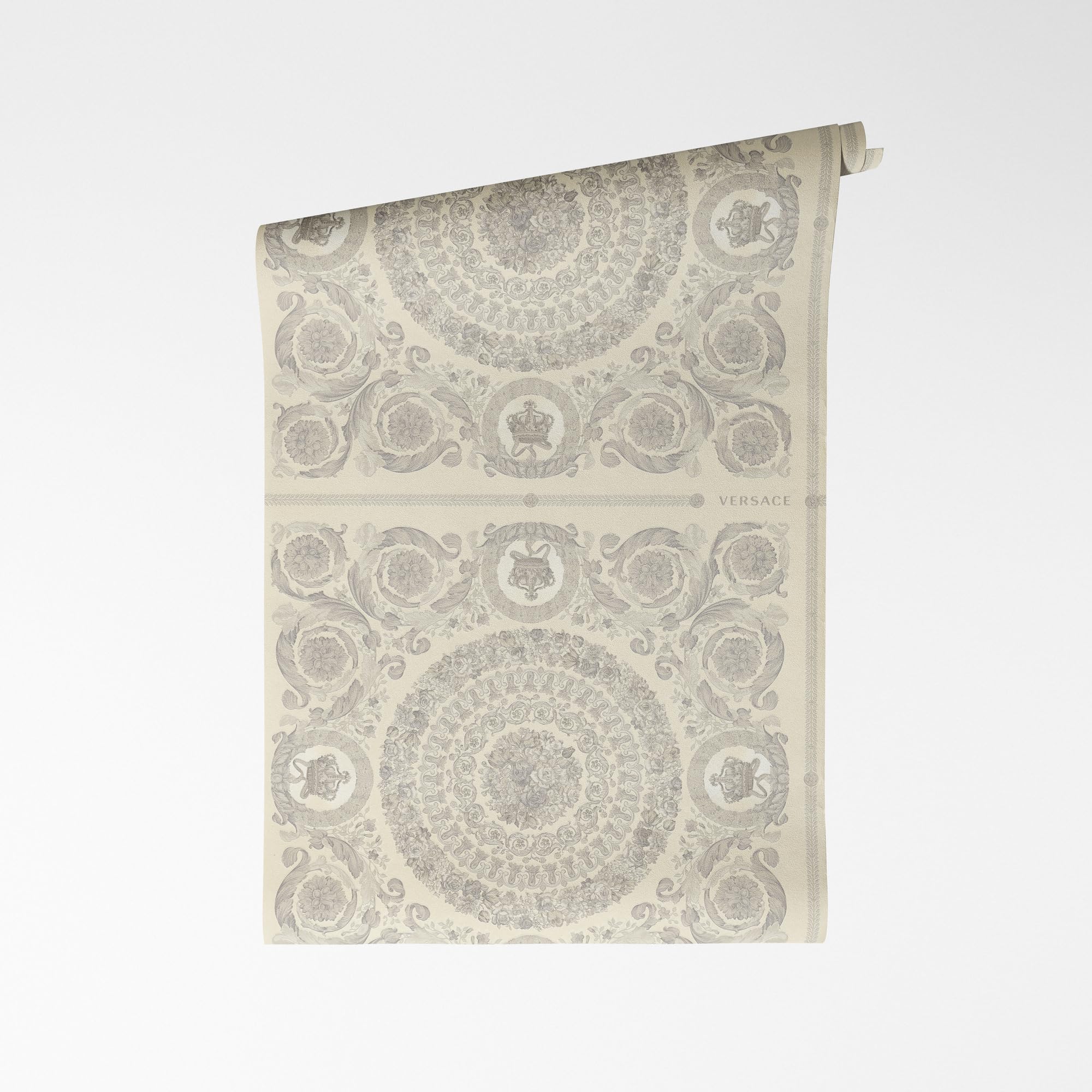 Papier peint Versace baroque de luxe métallisé A.S. Création blanc gris 10m