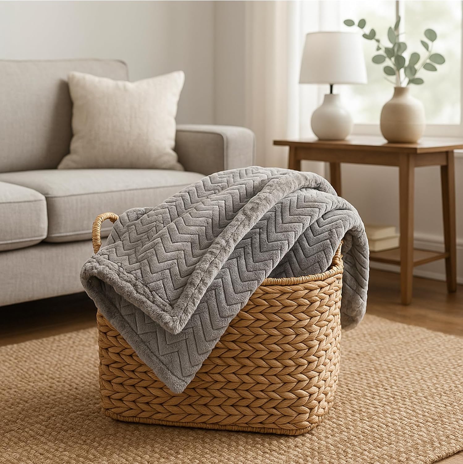 The Big One Throw Blanket Plush Super Soft Warm Cozy for Living Room 60 x 72 inches Oversized (Gray Chevron)