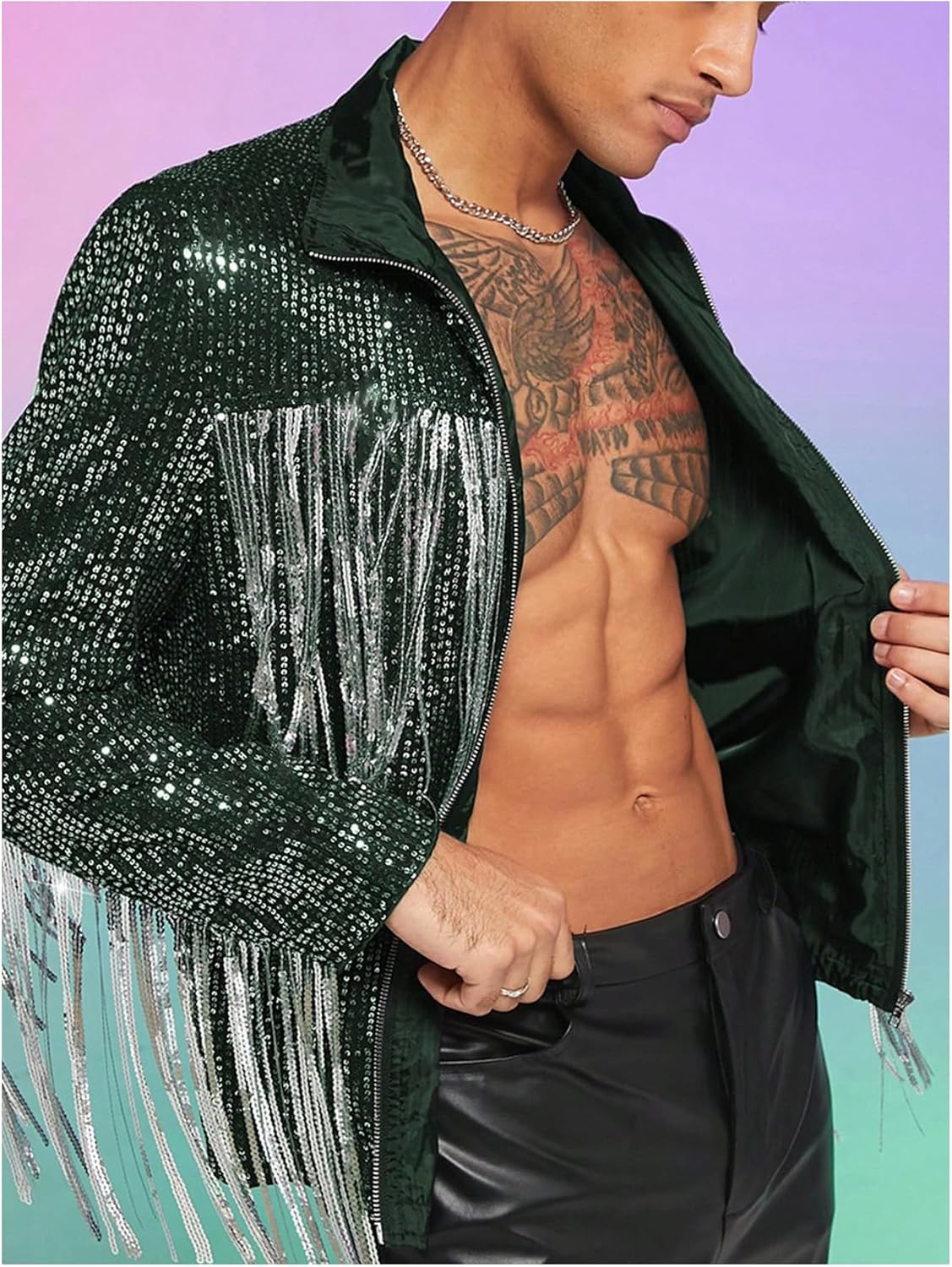Men's Fringe Trim Jackets Zip Up Long Sleeve Sequin Regular Fit Spring Fall Coats - Image 4
