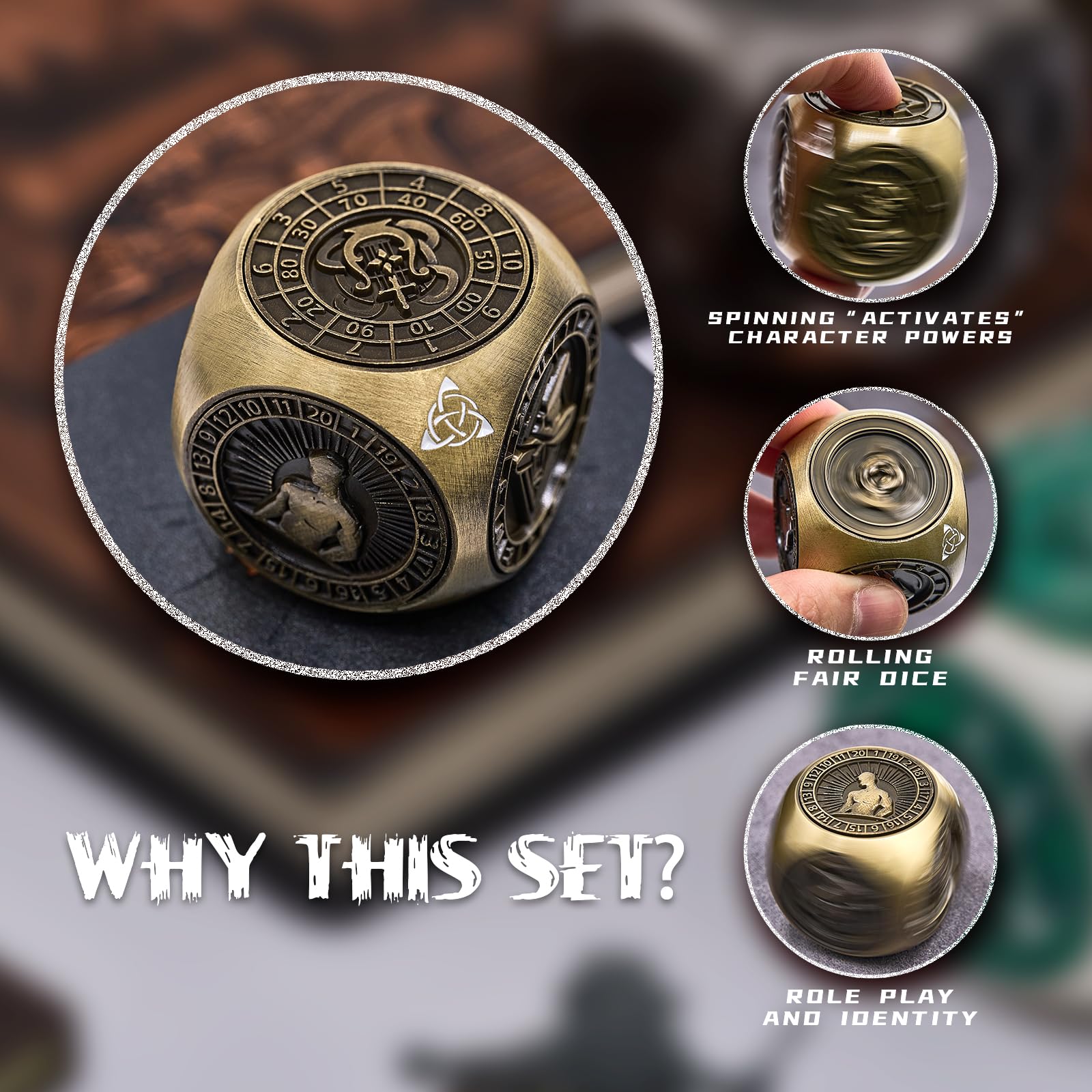 Set di dadi rotanti in metallo 7 in 1, dadi da gioco poliedrici unici, accessorio da tavolo per giochi di ruolo (bronzo)