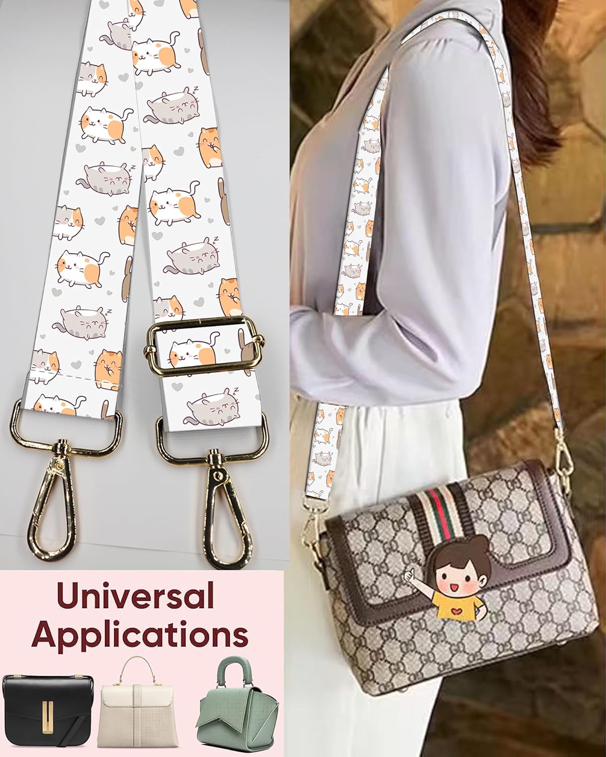 Purse Strap Replacement Belt Crossbody 1.5" Wide Golden Buckle Cute Shoulder Strap Durable Adjustable Guitar Straps for Canvas Bag Handbag Cute Colorful Cats - Image 4