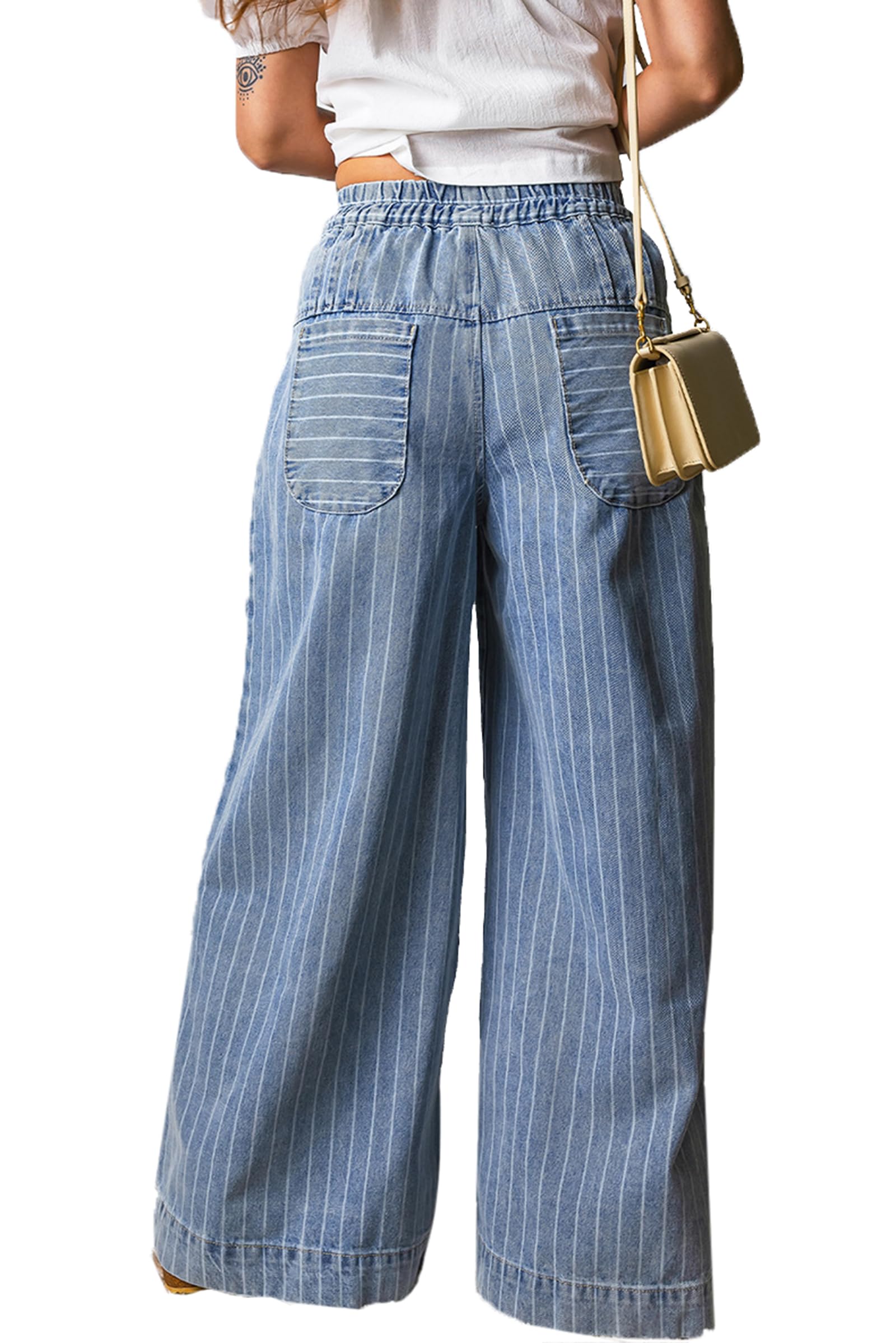 Jeans A Vita Alta A Campana da Donna con Fascia Elastica in Vita vestibilità Larga Stampa A Righe Pantaloni Denim A Gamba Larga