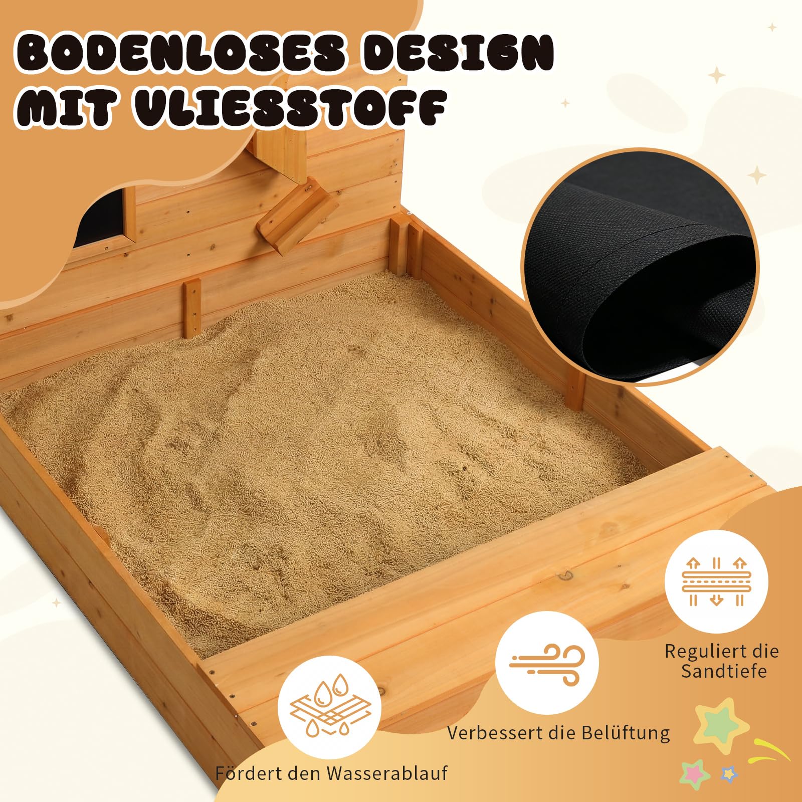 LEADZM Holz Sandkasten für Kinder mit Sitzbank, Tafel und Trichter, 120 x 115 x 76,5 cm, Großes Outdoor-Sandkasten für Garten, Strand und Park, für Kinder im Alter von 3 bis 12 Jahren