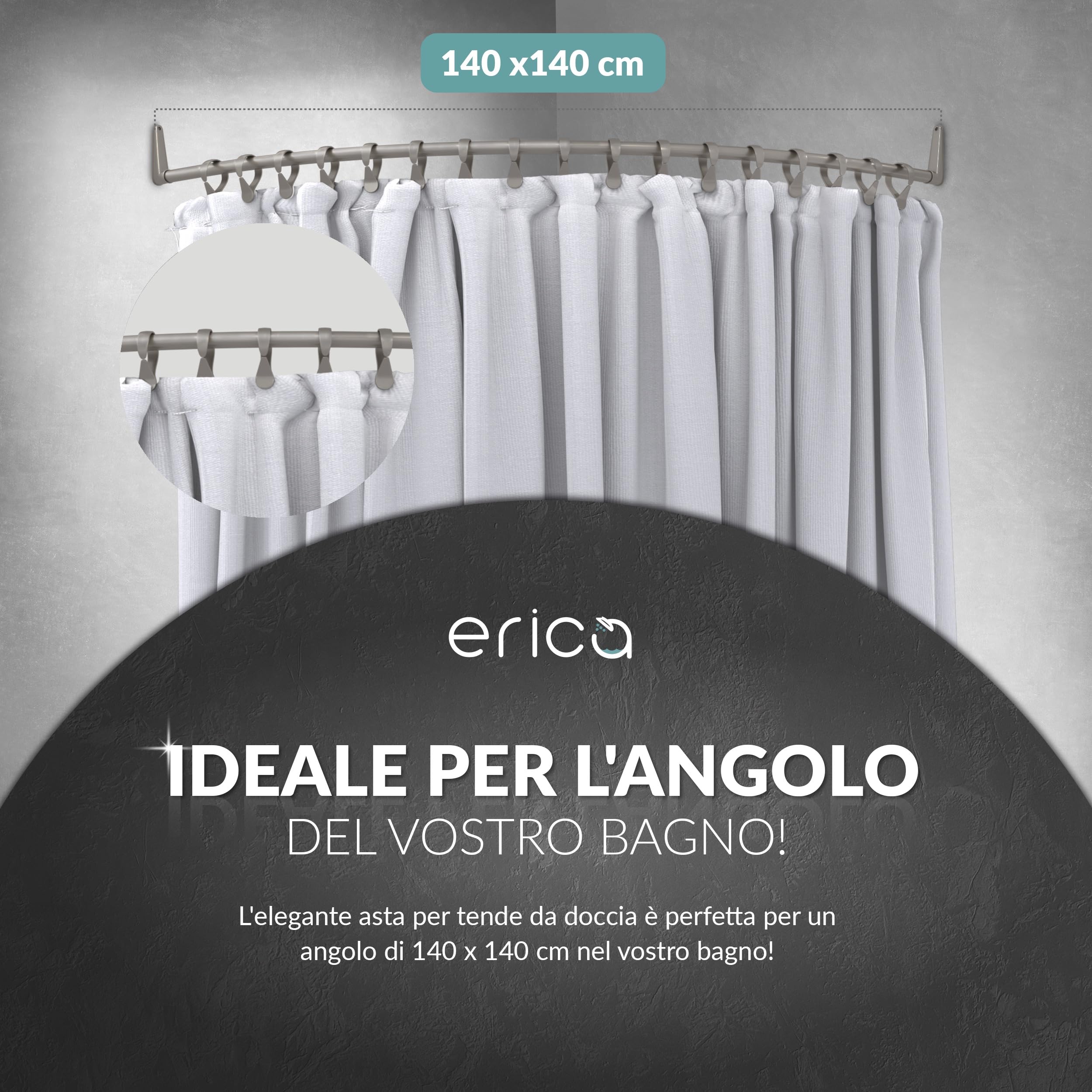 Erica Asta Angolare per Tenda Doccia 140x140 cm - 100% Antiruggine - Nero | 140x140cm, Montaggio a Parete, Senza Fissaggio al Soffitto, Asta Doccia Curva, Acciaio Verniciato a Polvere, 100% Antiruggine