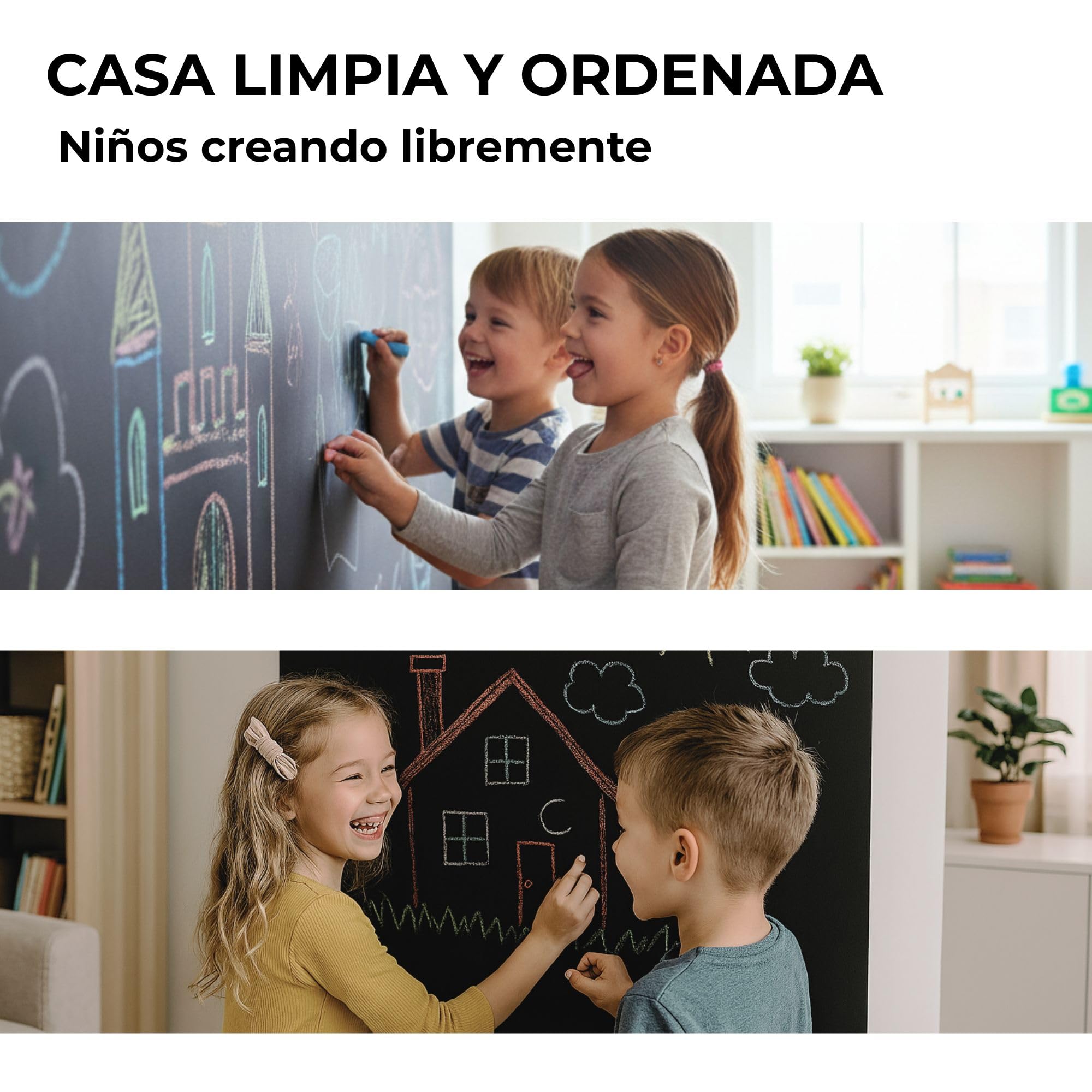 Pizarra pared, infantil - vinilo adhesivo negro, 200x45 cm con colores – Pizarra cocina - Quadro negro autocolante – Ideal creatividad niños sin ensuciar (1)