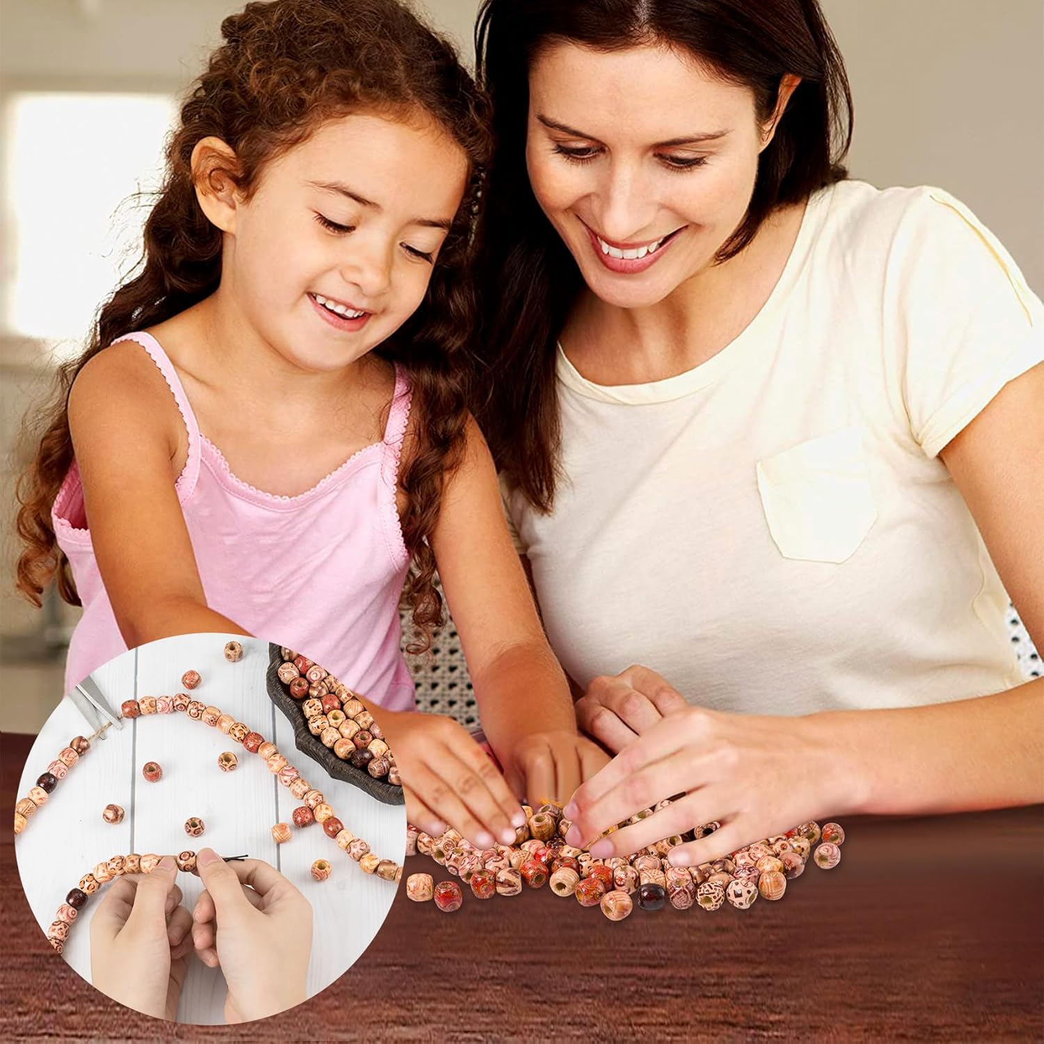 100PCS Wooden Beads for Hair, 11x12 mm Large Hole Macrame Bead, Multi Pattern Hair Bead, Round Loose Spacer Beads for Making Handmade Craft Bracelet Necklace -Mixed Colors - Image 5