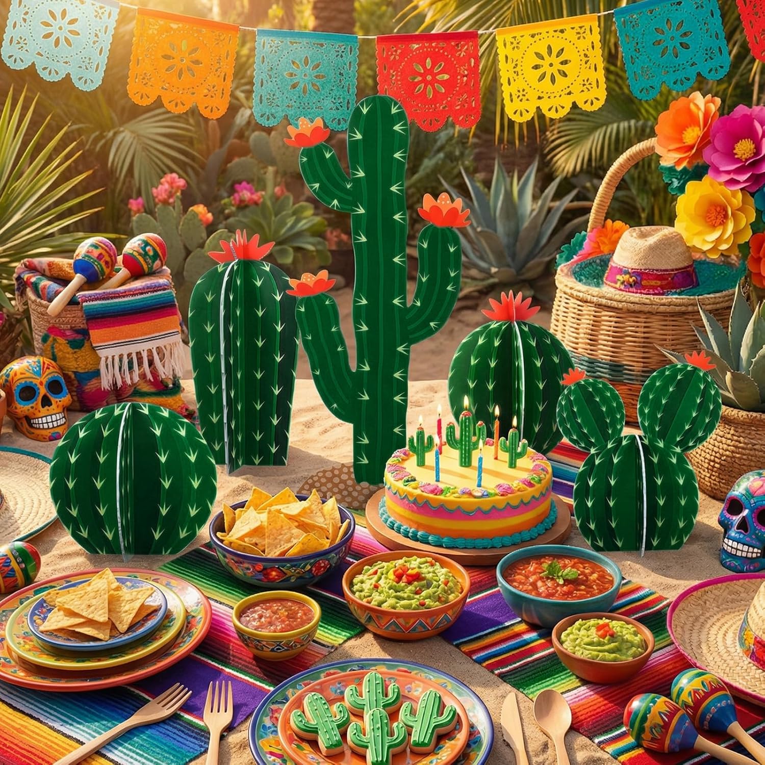 AceOrbit 4 Set Green Cactus Cutouts Jointed Cardboard 3D Cactus Cardboard Cutouts Decorations for Mexican Fiesta Western Cowboy Theme Party Cinco De Mayo Prop Hawaiian Pool Party Desert