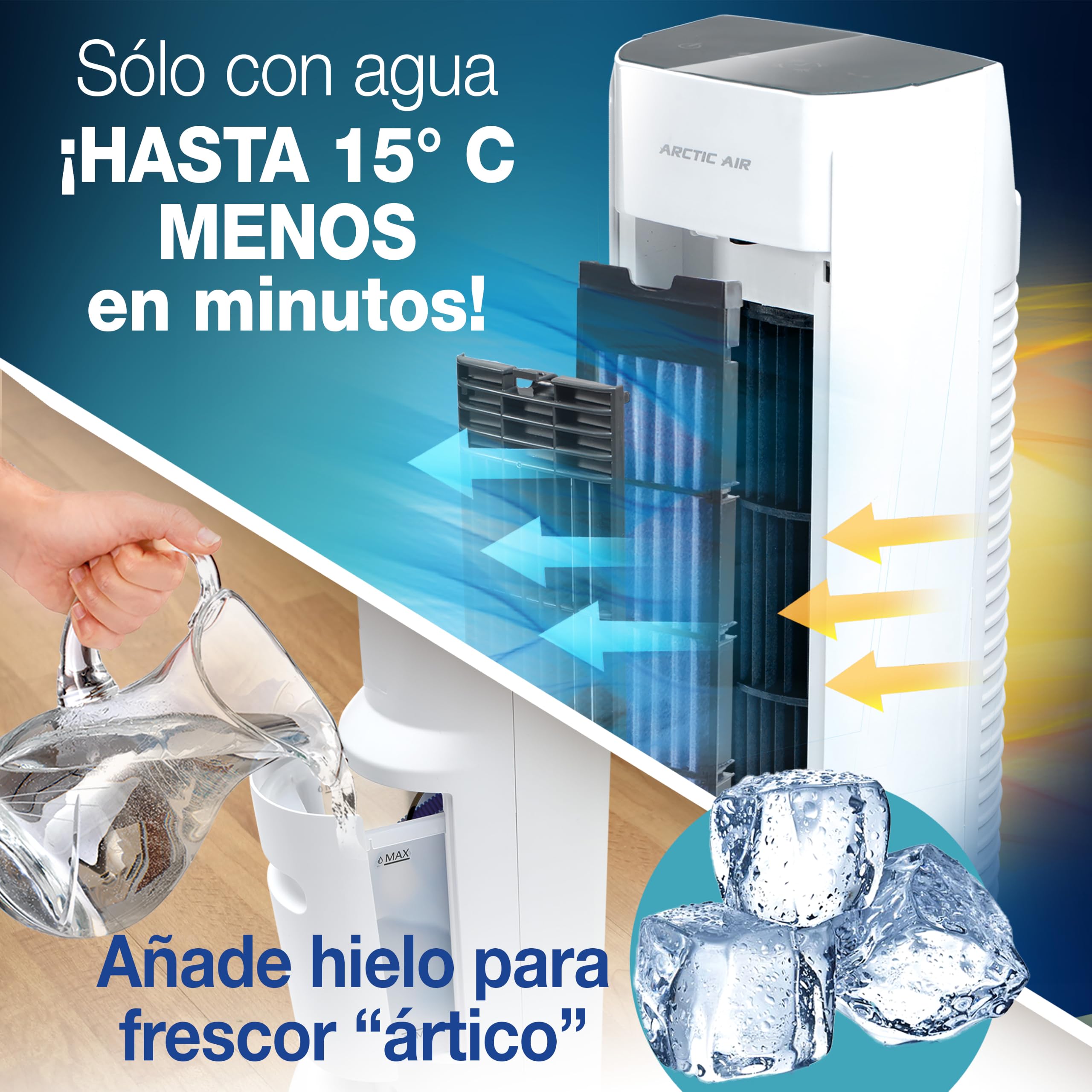 Enfriador Evaporativo de Torre 4 en 1 – Enfriador, Ventilador sin Aspas, Humidificador y Aromatizador, Bajo Consumo 55W, 66dB. Versátil, compacto y portátil. Sin Instalación.