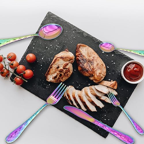 Miniatura 3 de Juego de cubiertos martillados de 20 piezas, juego de cubiertos coloridos de acero inoxidable 1810, juego de cubiertos para 4, juego de utensilios