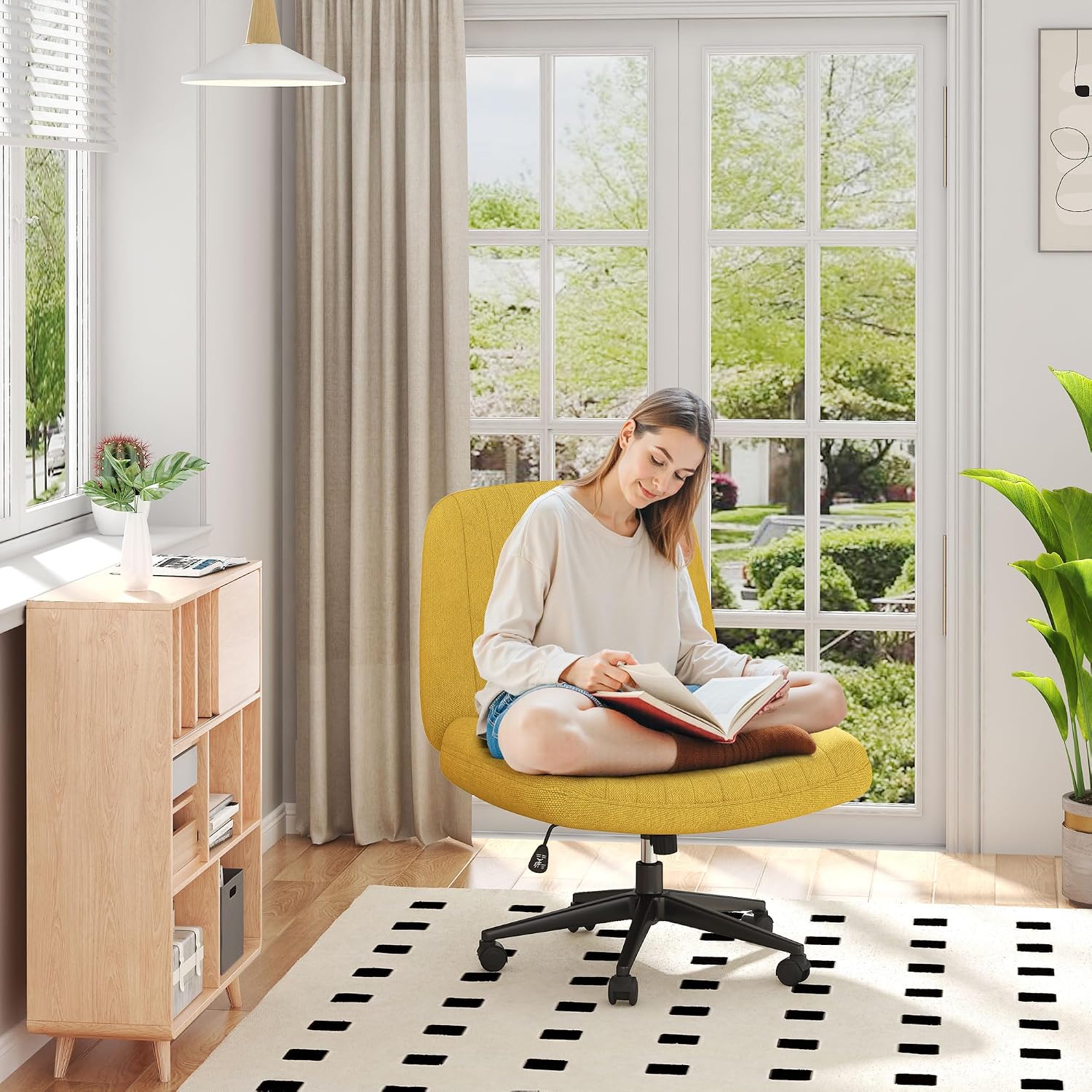 Shintenchi Criss Cross Chair,Cross Legged Office Seat with Wheels Armless Swivel Vanity Chair,Height Adjustable Wide Computer Task Seating for Home Office,Yellow
