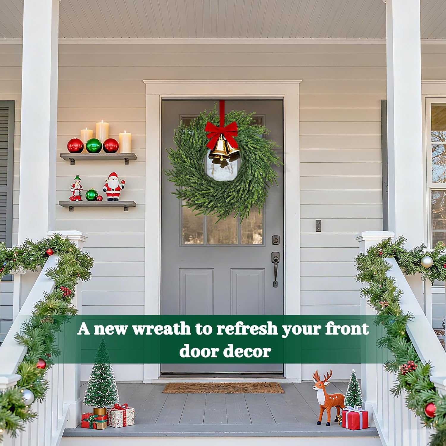 24 Inch Norfolk Pine Wreath, Real Touch Artificial Green Christmas Wreaths for Front Door, Windows, Porch, Wall, Indoor, Outdoor Xmas Holiday Decorations