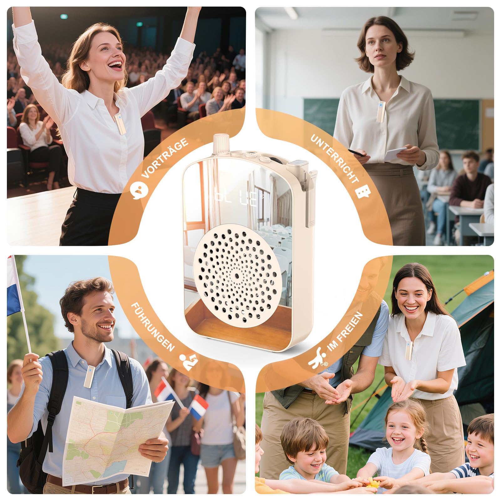 Mini amplificateur de voix sans fil avec microphone à revers - Haut-parleur portable avec étui de chargement et de rangement - Beige