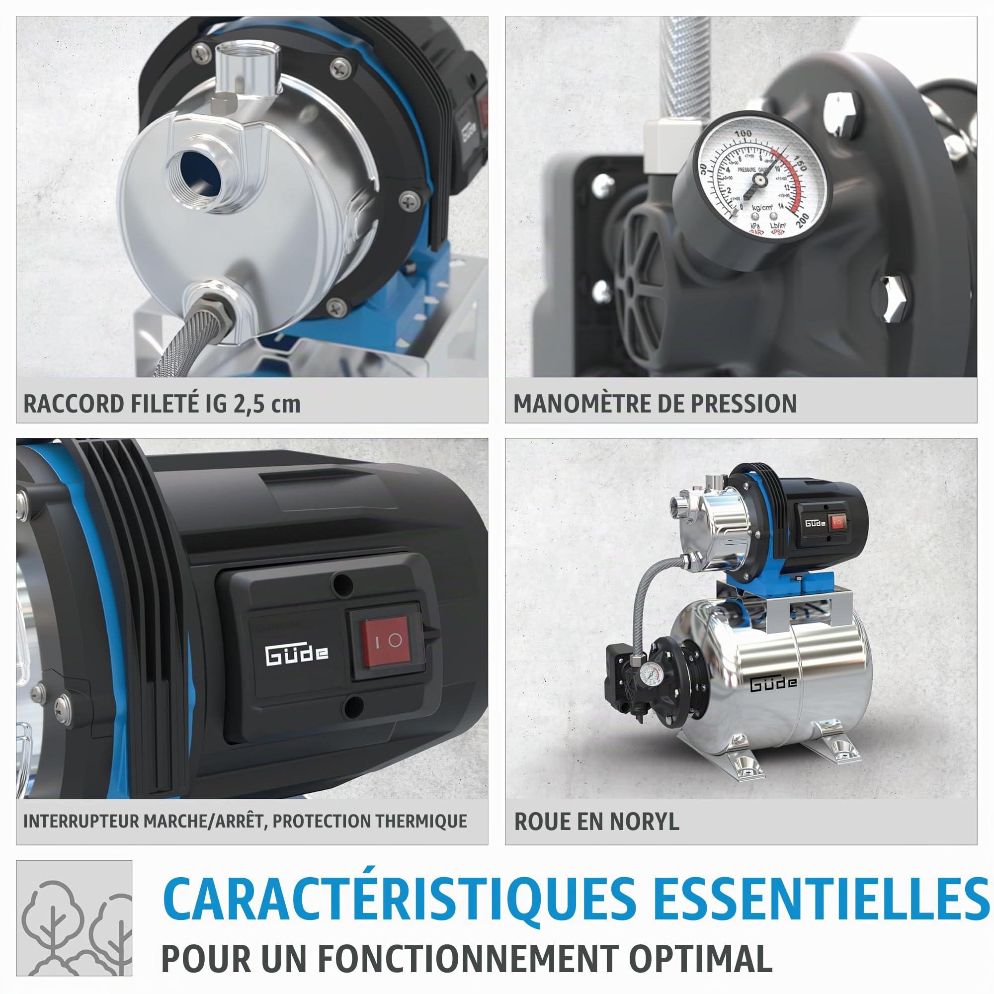 Güde Station d'eau domestique HWW 1000 ES (1000 W, capacité de la chaudière 20 l, volume de refoulement 3800 l/h, hauteur de refoulement 44 m max., hauteur d'aspiration 7 m, roue norylle, réservoir en