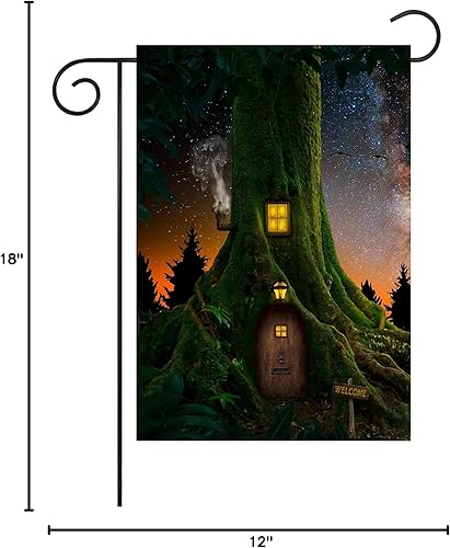 Miniatura 45 de Paisaje de fantasía con piedras, lámparas, flores, árboles, luna y mariposas, bandera de jardín de 12 x 18 pulgadas, pequeña vertical de doble cara