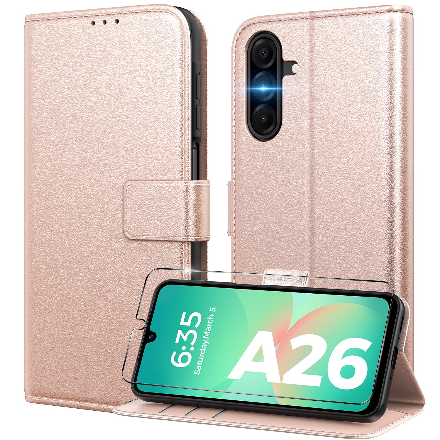 Peakally Handyhülle für Samsung Galaxy A26 5G Hülle [Mit 1 Stück Panzer Schutz Glas] [Premium PU Leder] [RFID-Blockierung] [Kartenfach] Klapphülle mit Galaxy A26 5G / A26 4G - Rosa