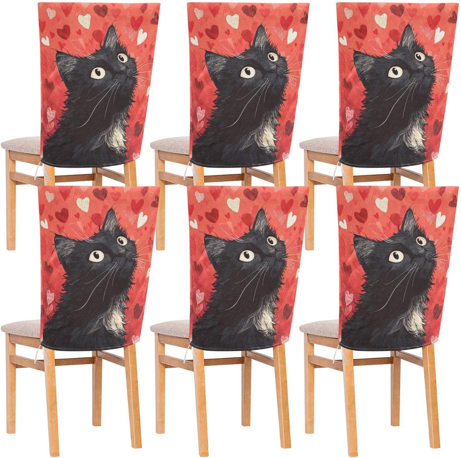 ALAZA Vintage Cat Hearts Chair Back Cover Set of 6, Washable Reusable Removable Chair Slipcovers Decorative Chair Cover for Home Kitchen Wedding Party