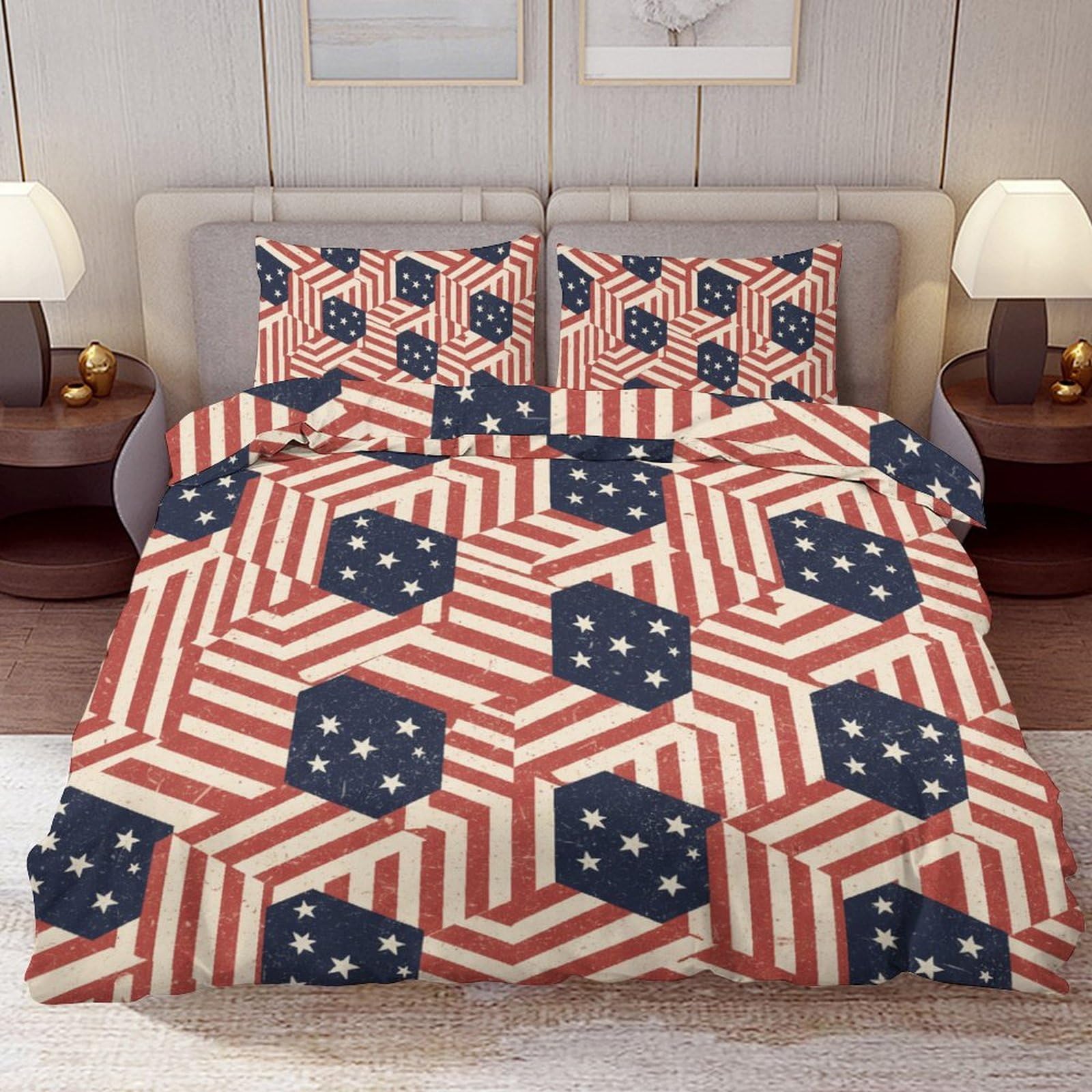 Delerain Comforter Cover Set Queen Size, Geometric American Flag Theme 3-Piece Bedding Set for Women Men Modern Soft Microfiber Bedroom Set Room Decor, 1 Duvet Cover + 2 Pillowcases