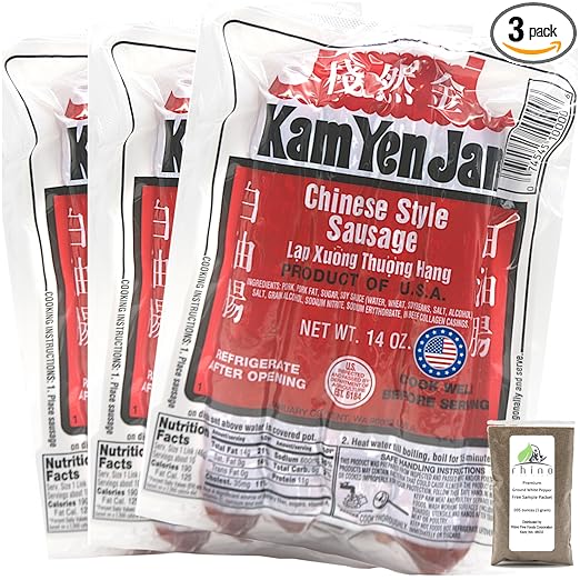 Kam Yen Jan, 腊肠, Chinese Sausage (Lap Xuong Sausage), Asian Sausage, Thai Sausage, Chinese Sausage Lap Cheong, Taiwan Sausage, 14 oz (Pack of 3) + Includes-Free Rhino Premium Ground White Pepper.035oz