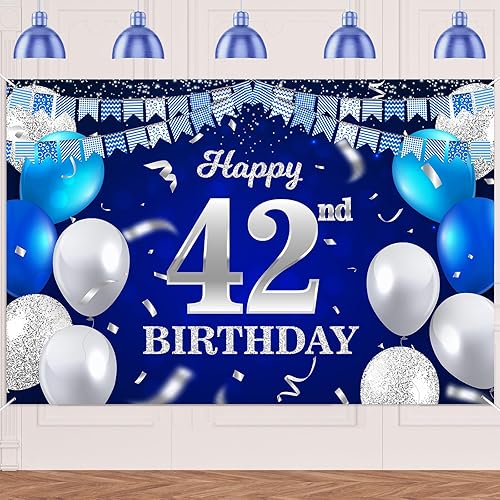 Vista 375 de Cartel de feliz cumpleaños número 31, globos azul marino, bandera de confeti a rayas, puntos de luz, saludos a 31 años, decoración temática