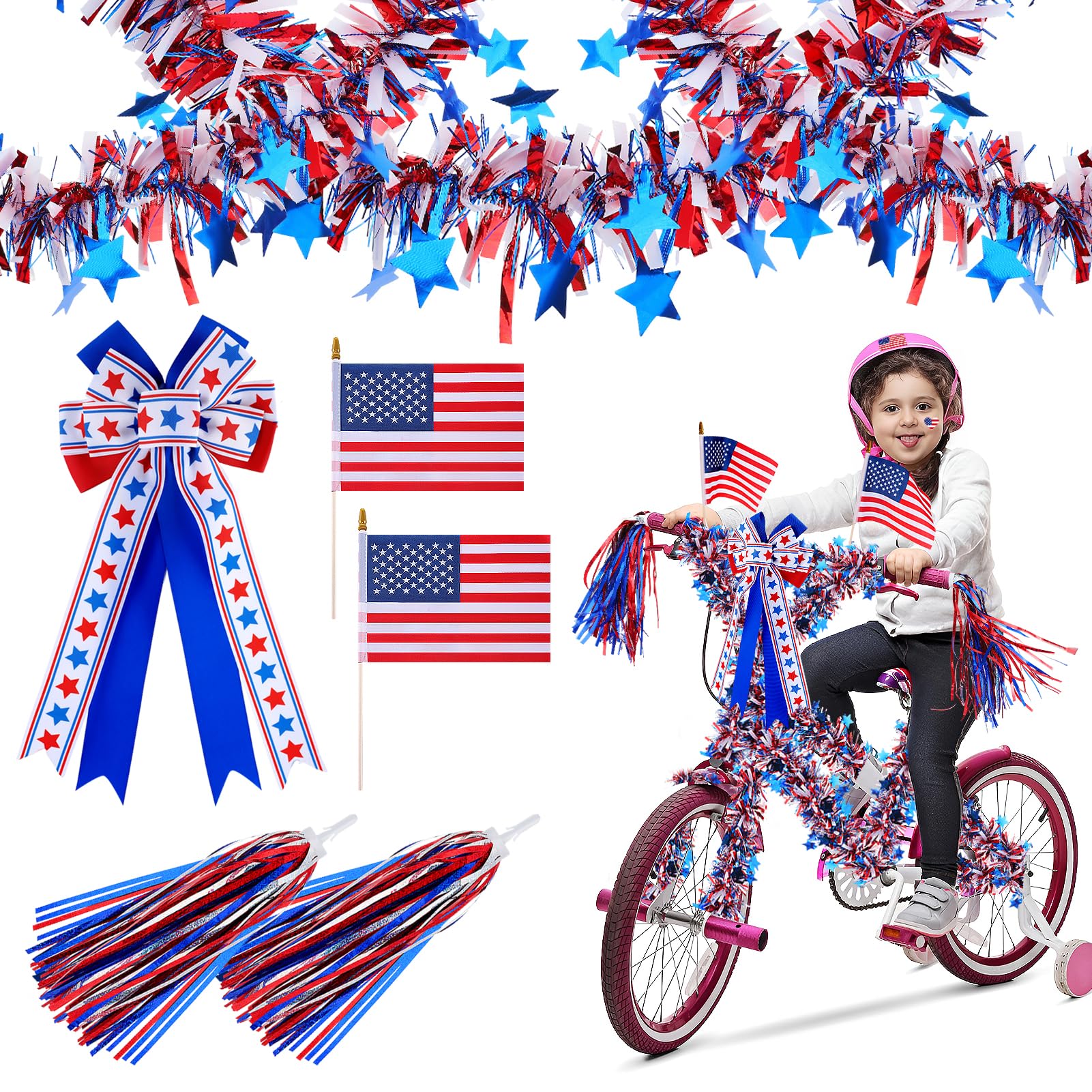 Aulock 8pcs 4th of July Bike Decorations Kit - Patriotic Tinsel Garlands Bike Streamers Bow USA Flags, Independence Day Red White Blue Decor for Kids