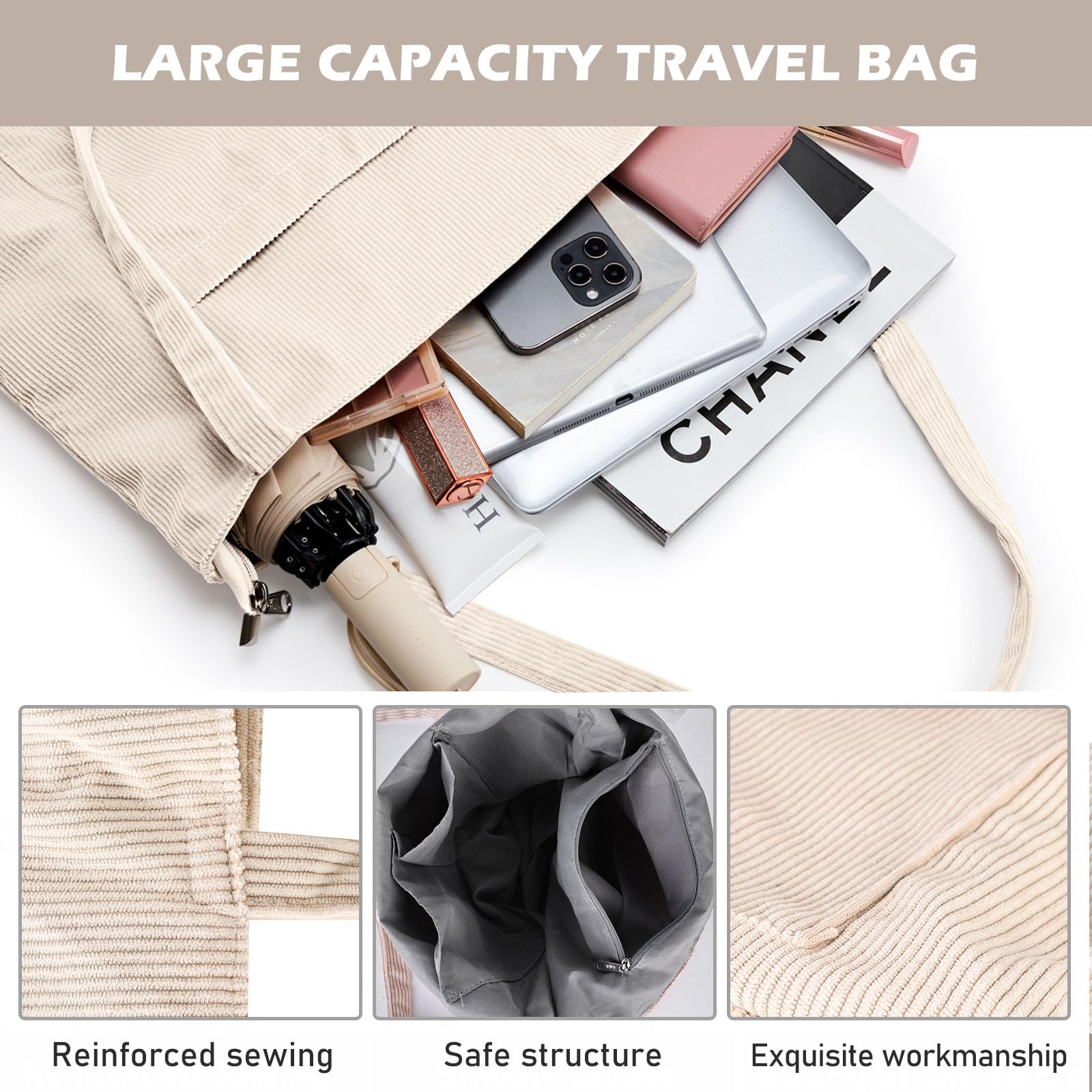 Tote Bag Sac Fourre Tout Femme Sac Cabas Femme en Velours Côtelé Sac Bandouliere Grand Sac a Main Femme Sac Cours Sacs de Courses Sac Tissu avec Fermeture Éclair et Poches