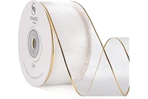 White Christmas Ribbon Wired Sheer Organza Ribbon with Gold Sliver Border for...
