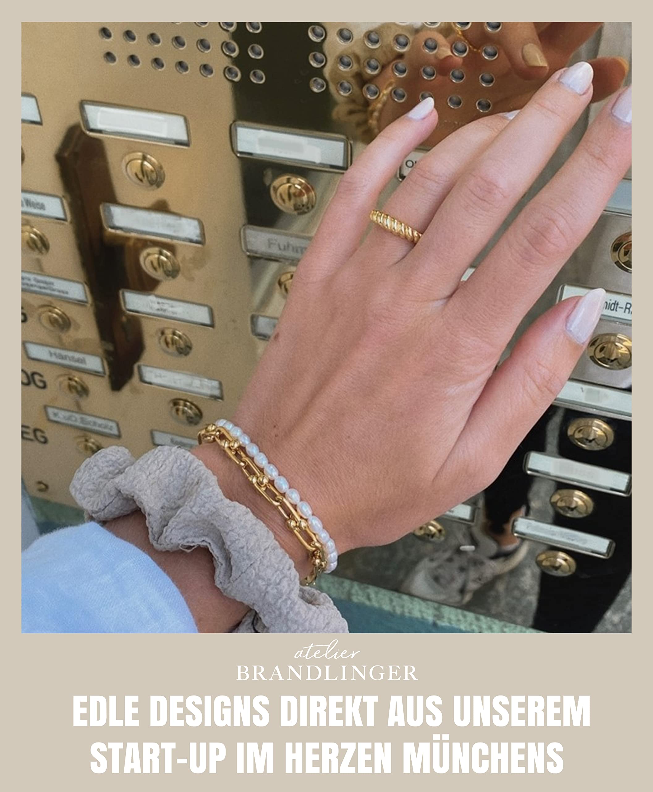 Brandlinger Perlenarmband Damen Silber 925. Armband Perlen vergoldet mit 18 Karat Gold, Schmuck für Frauen und Mädchen. Länge verstellbar 16-20cm.