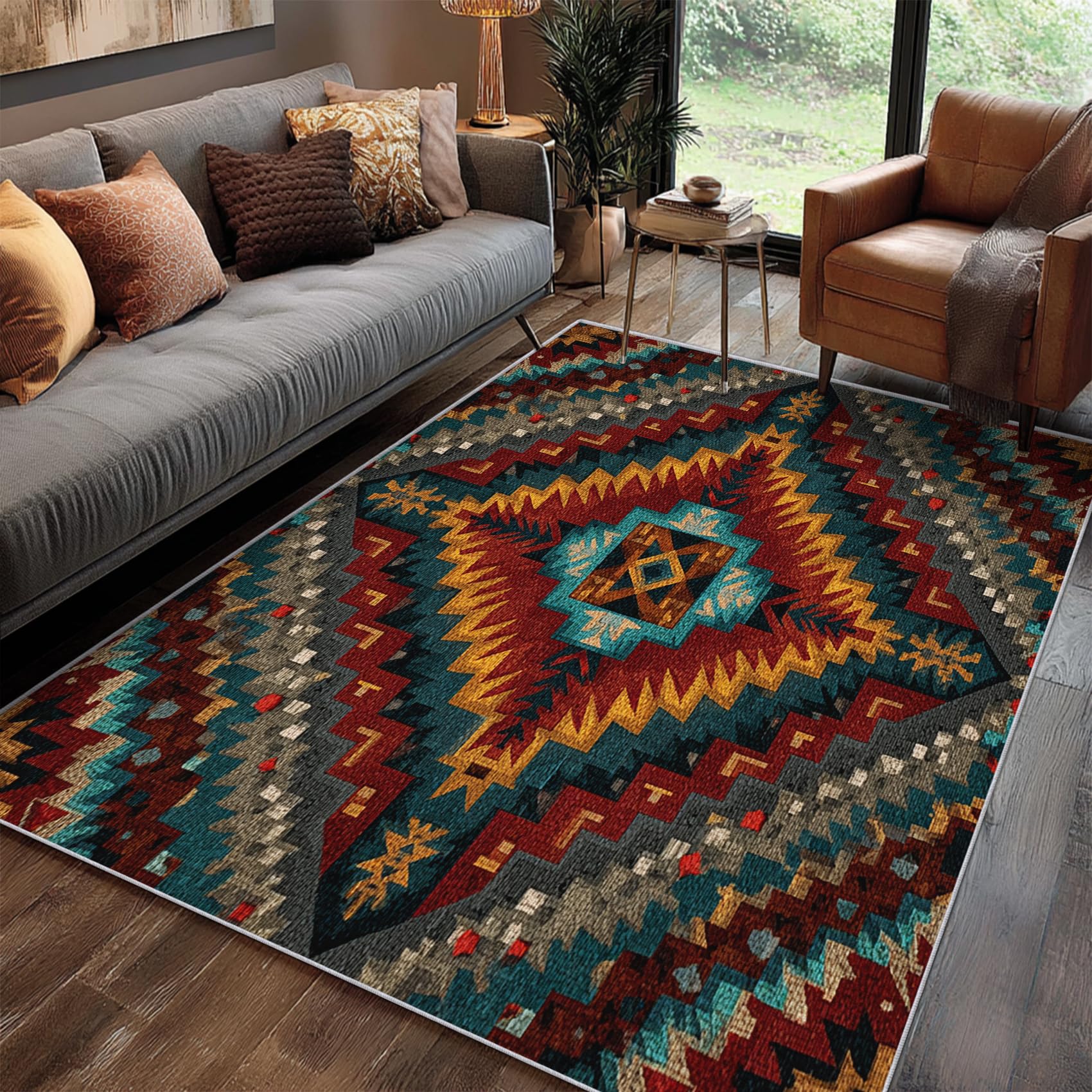 Tapis Indien Salon 140x200 cm Motif Western Aztèque Ethnique Rustique, Tapis Lavable Antidérapant Doux Poil Court, Decoration Chambre Descente De Lit Carpet