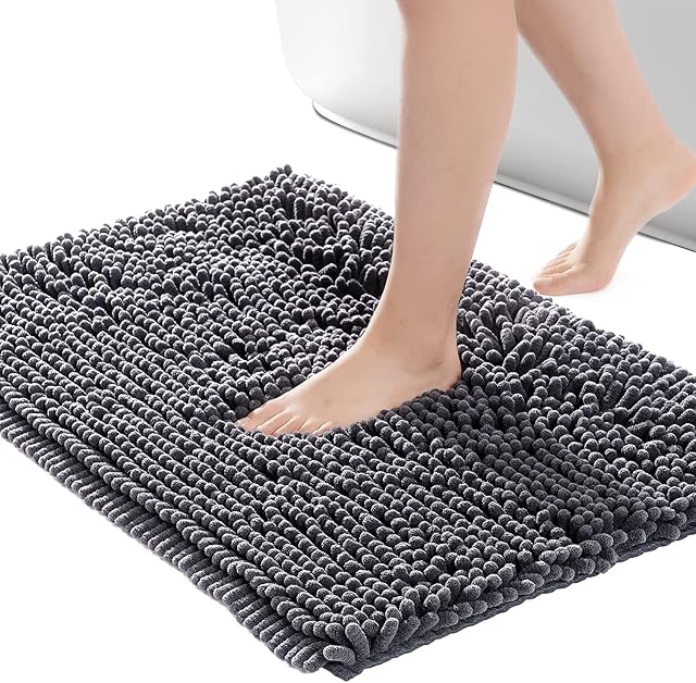 Amazon Brand - Umi Charcoal Grey Bath Mat, Chenille Non Slip Bath Mats for Bathroom, Absorbent Fluffy Bathroom Rug, Machine Washable Bathroom Mats for Shower, Tub and Floor, 40 x 60cm