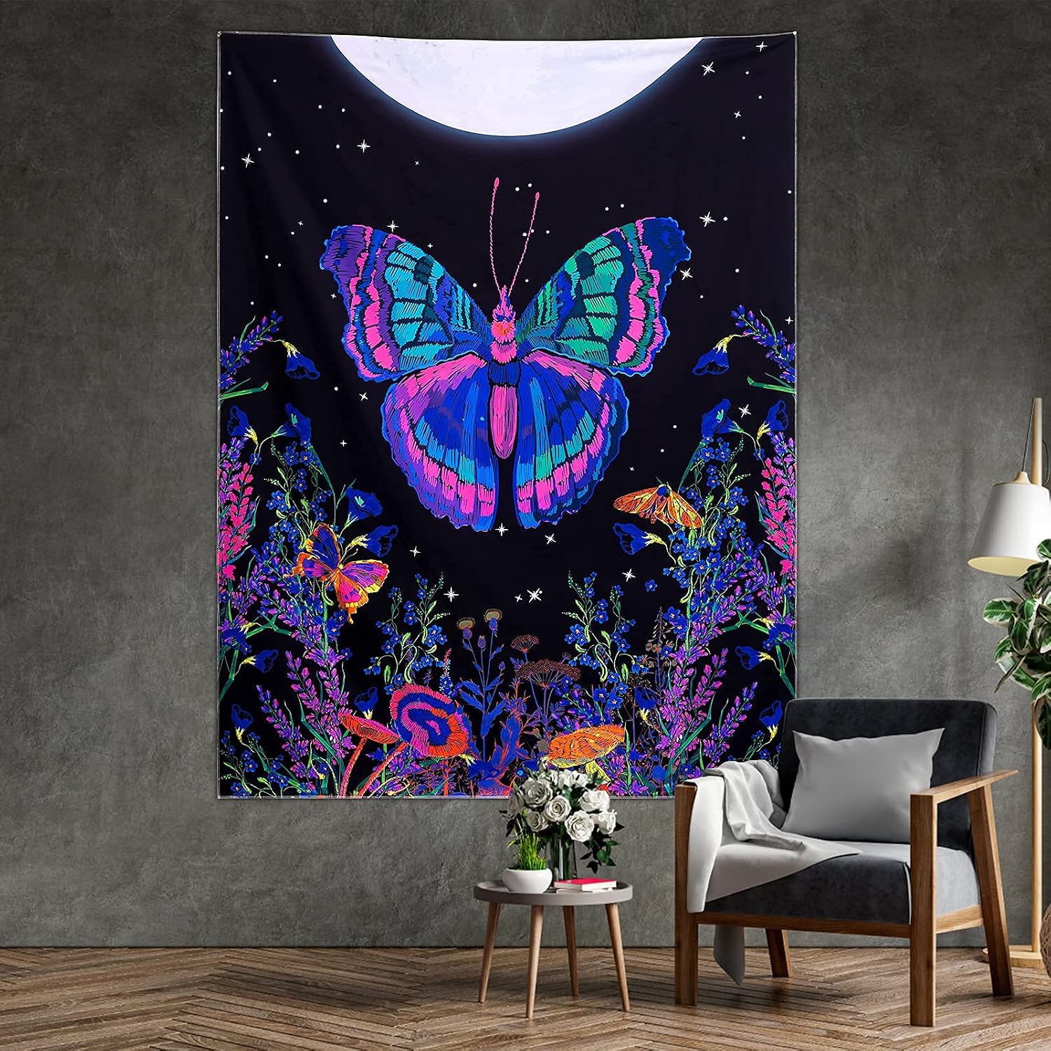Pocass Blacklight Butterfly Tapestry, Moonlit Garden Black Light Wall Tapestry Butterflies Flower Moon Aesthetic Tapestry Wall Hanging for Bedroom (60 x 80 Inches)
