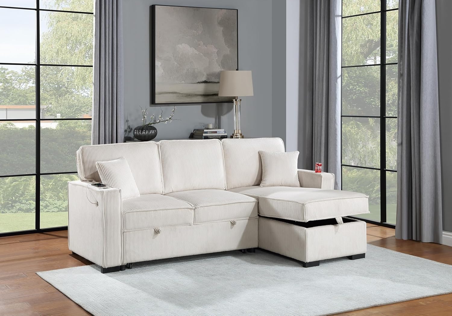 Convertible Sectional Beige Color Corduroy Reversible Chaise w Storage and Sofa Pull Out Bed Pillows Living Room 2pc Set