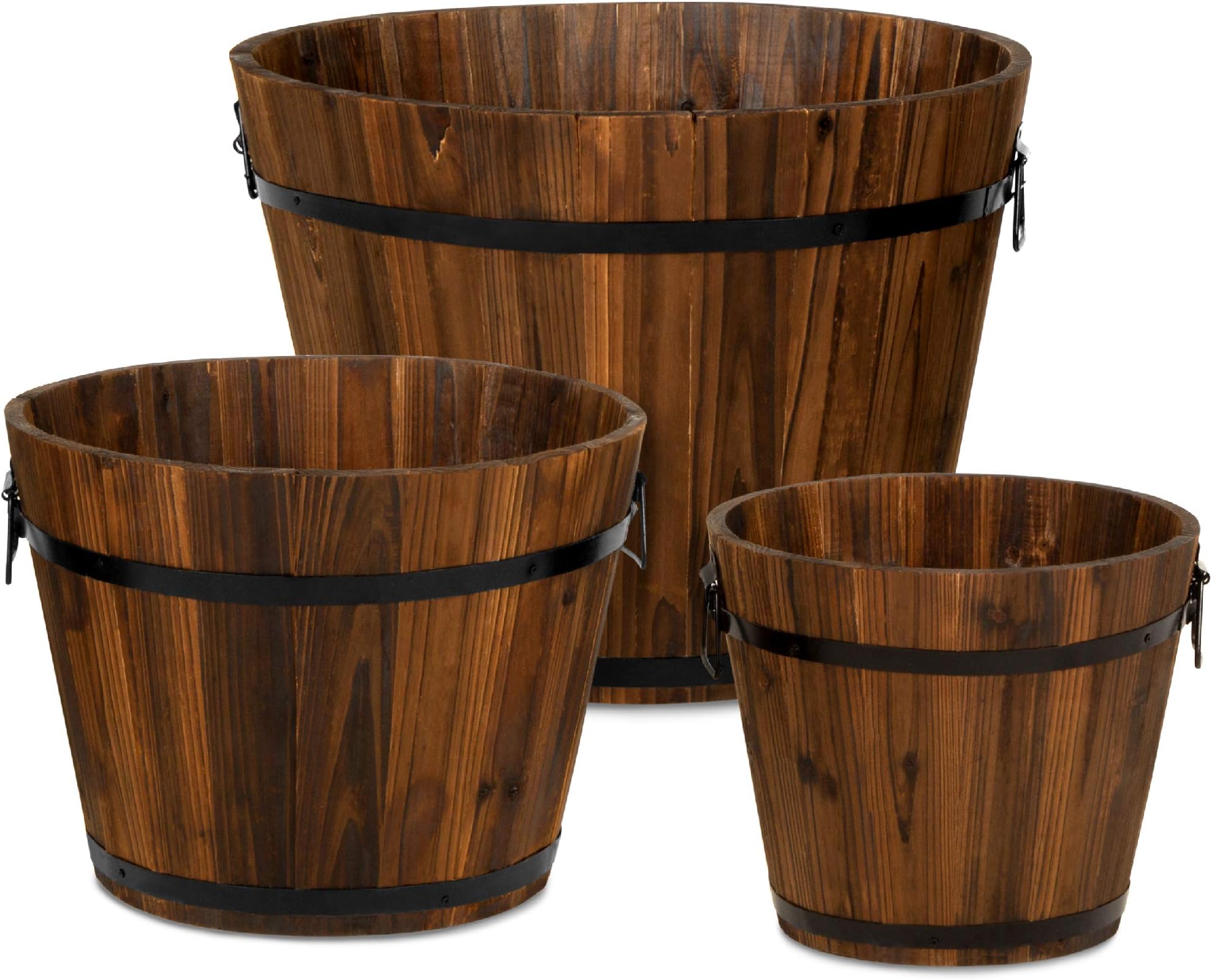 Best Choice Products Set of 3 Wooden Bucket Barrel Garden Planters Set Rustic Decorative Flower Beds for Plants, Herbs, Veggies w/Drainage Holes, Multiple Sizes, Indoor Outdoor Use