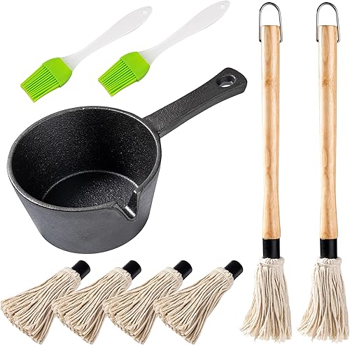 Juego de cepillo para mopa y olla de hierro fundido, paquete 11 en 1 incluye 2 piezas de mango largo de madera, 6 cabezales de cepillo, 1 sartén de