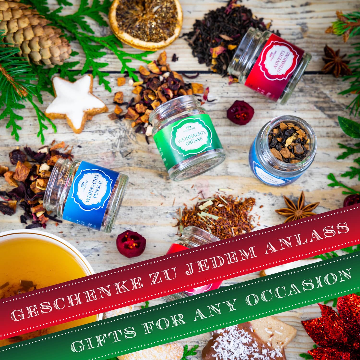 Hallingers Genuss Manufaktur Tee Weihnachts-Geschenk-Set - 5 Sorten premium loser Tee Probierset in edler Geschenkbox mit Rezept-Booklet "Frohe Weihnacht...", Weihnachten für Frauen Männer