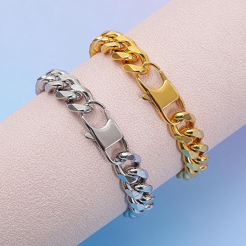 Miniatura 5 de Disc Us Pulseras de cadena de eslabones cubanos de oro para hombres y mujeres, 7.389 pulgadas, chapado en oro de 18 quilates, delicada pulsera de