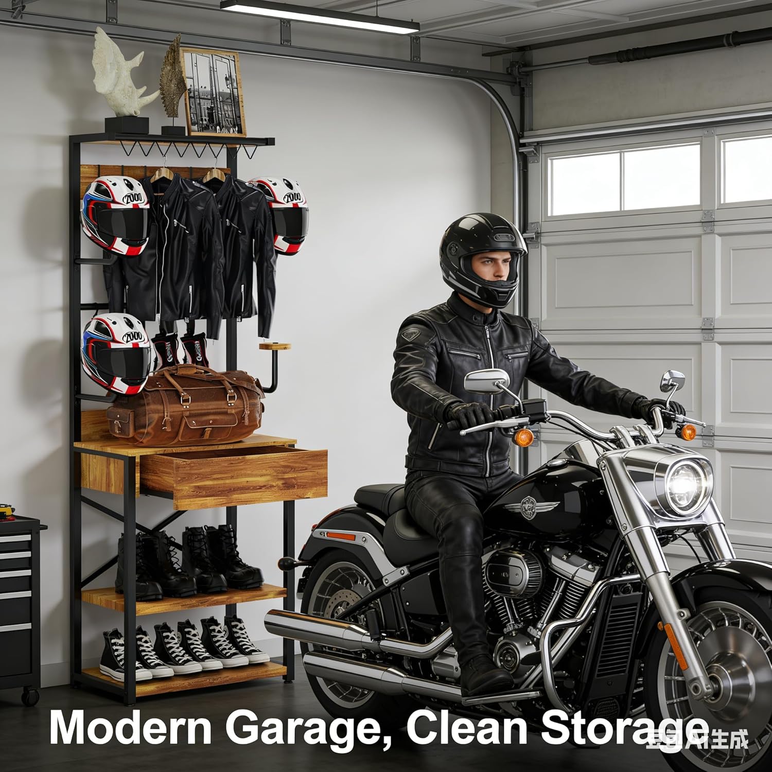 Motorcycle Helmet Holder Floor Standing,72"x24"x14" Large Helmet Rack with Drawer Motorcycle Gear Storage Shelf for Racing Suits,Sports Helmets,Boots & Accessories,Anti-Shake Design