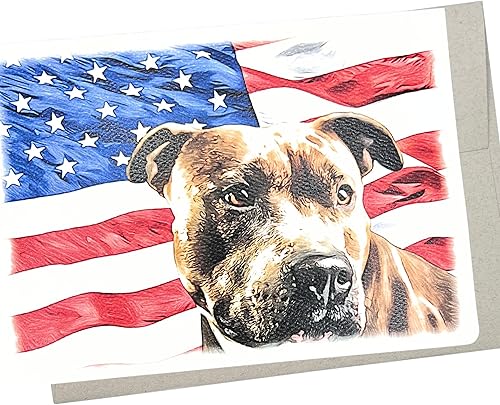 Tarjeta patriótica de Pitbull Terrier (7 x 5 pulgadas y interior en blanco para todas las ocasiones), tarjeta de cumpleaños temática de la bandera